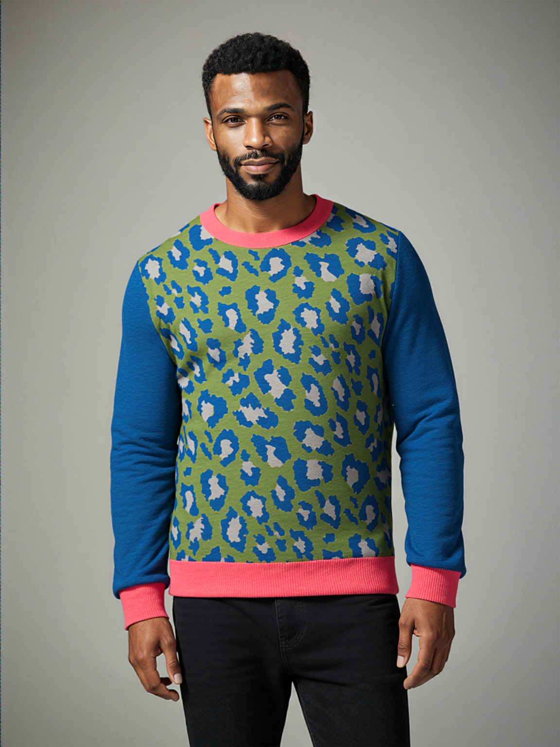 Leopard in Blue and Green Spotted Jubilee Knitted Crewneck Sweater