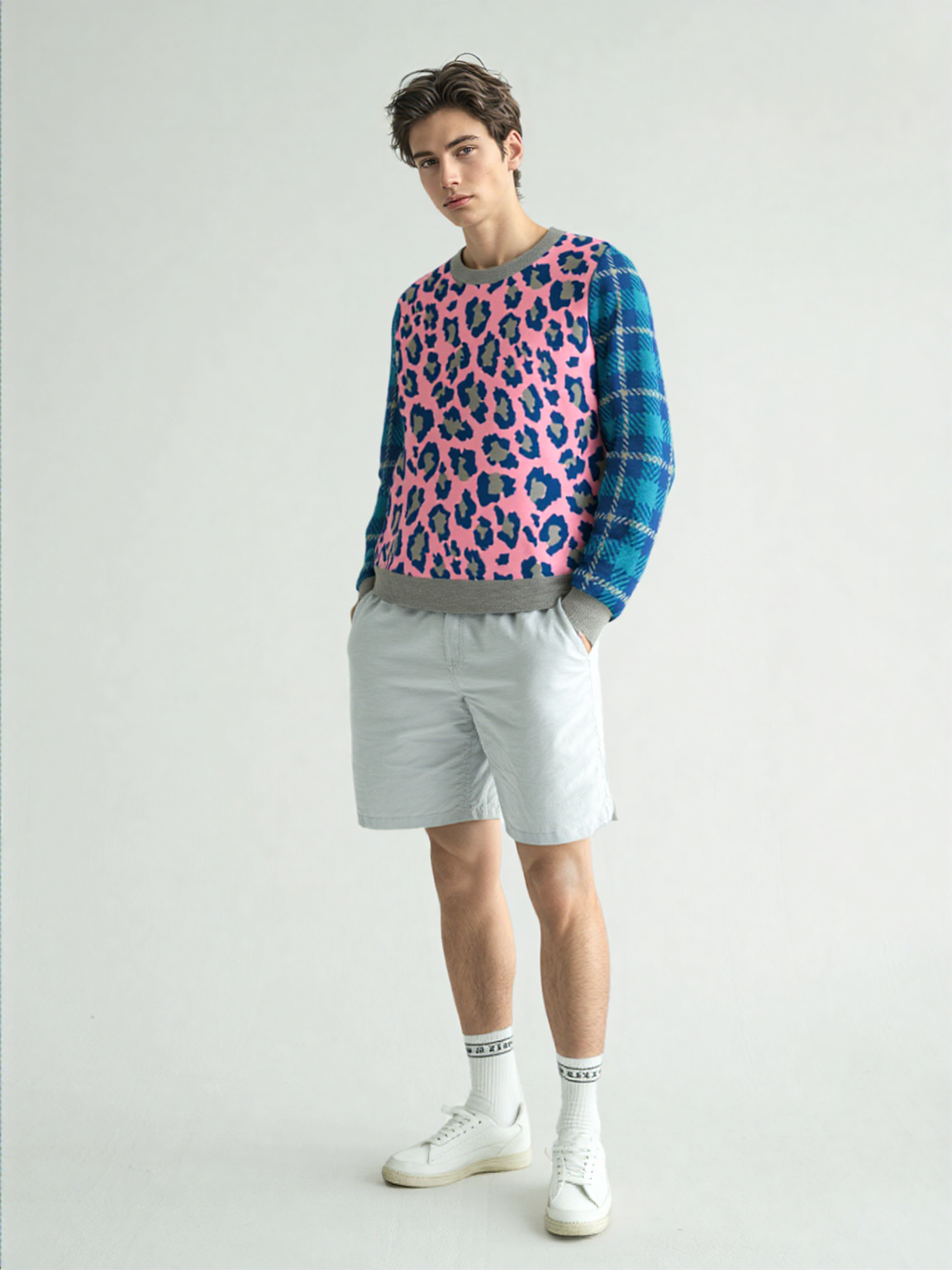 Leopard in Pink and Blue Spotted Jubilee Knitted Crewneck Sweater