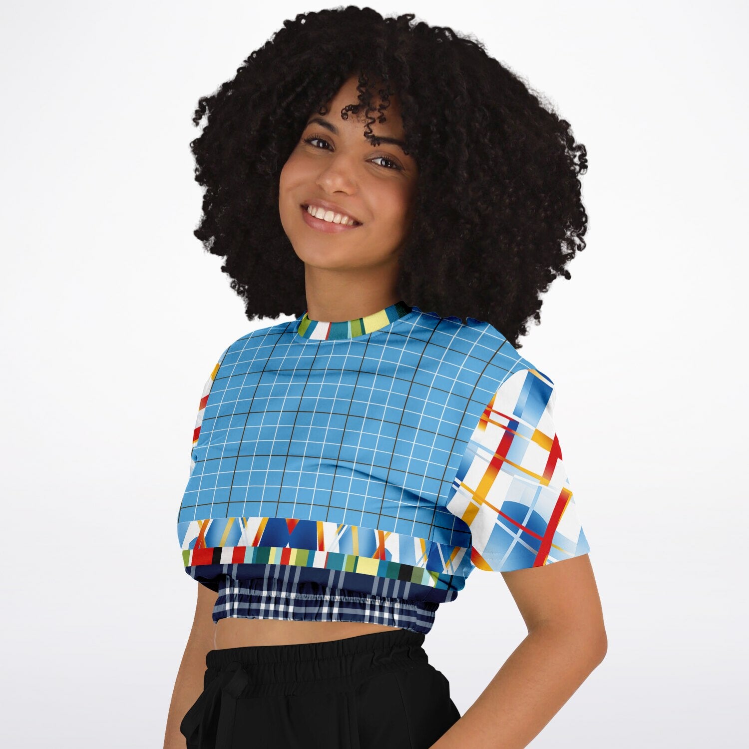 Liberty Blue Windowpane Plaid Eco-Poly Short Sleeve Cropped Sweater