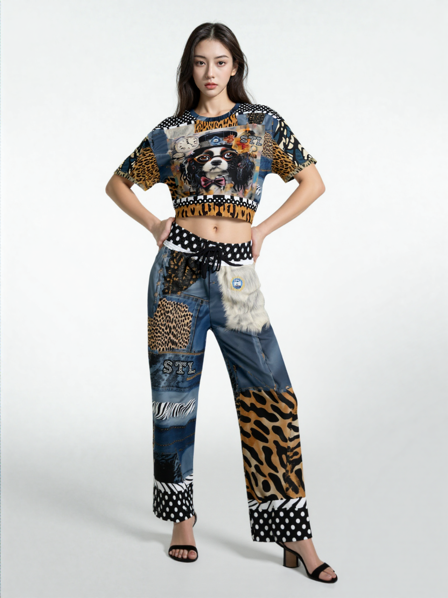 Curly Magoo Wild Denim Patchwork Eco-Poly Short Sleeve Cropped Pullover