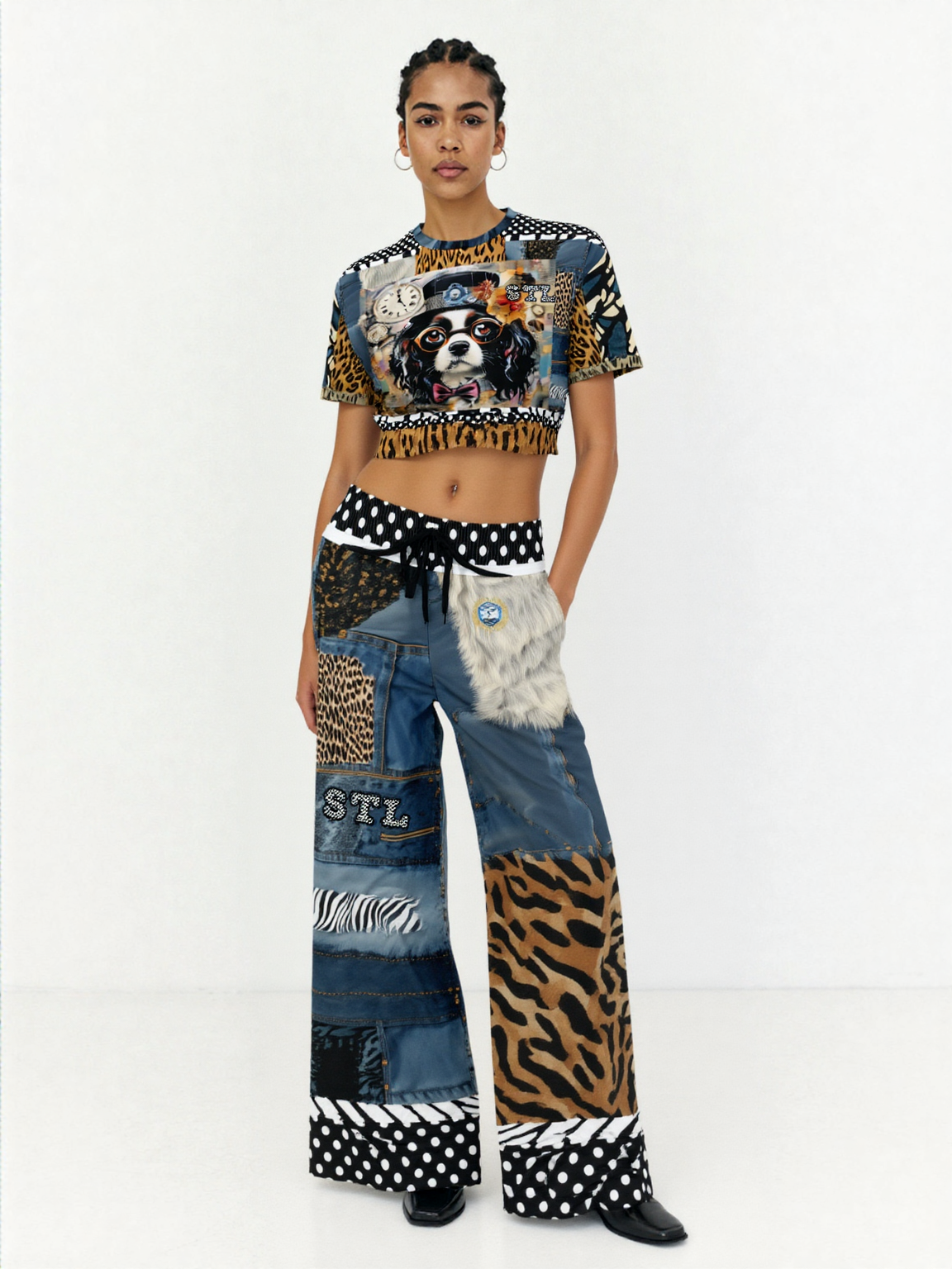 Curly Magoo Wild Denim Patchwork Eco-Poly Short Sleeve Cropped Pullover