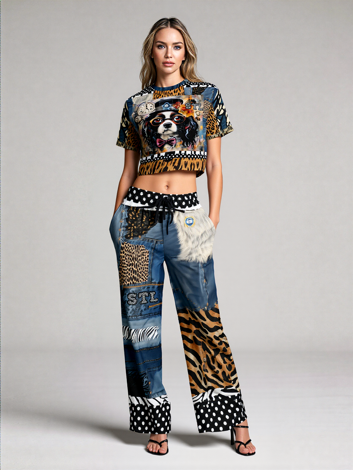 Curly Magoo Wild Denim Patchwork Eco-Poly Short Sleeve Cropped Pullover