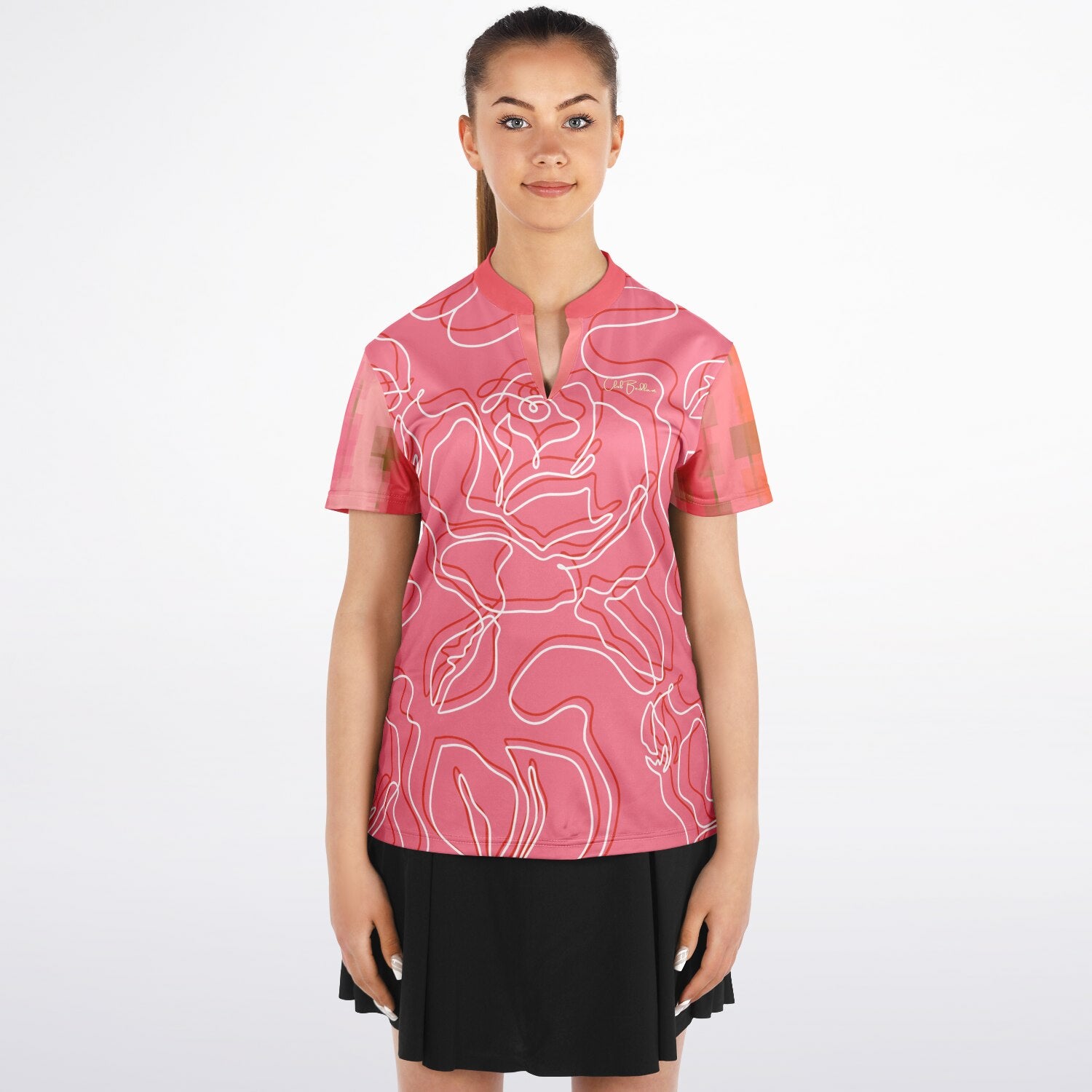 Sunsets in Coral Gables Abstract Floral Mandarin Collar Ladies Polo Golf Shirt