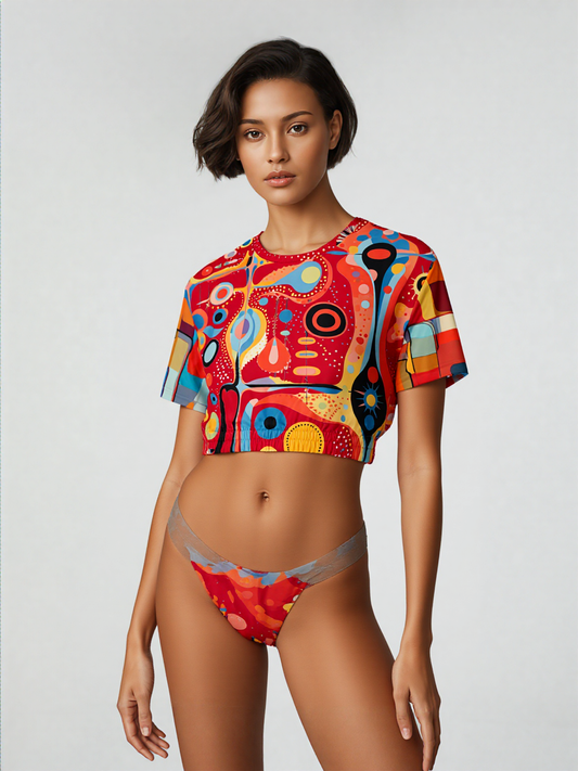 Mardi Gras in Brazil Abstract Geo Eco-Poly Short Sleeve Cropped Pullover