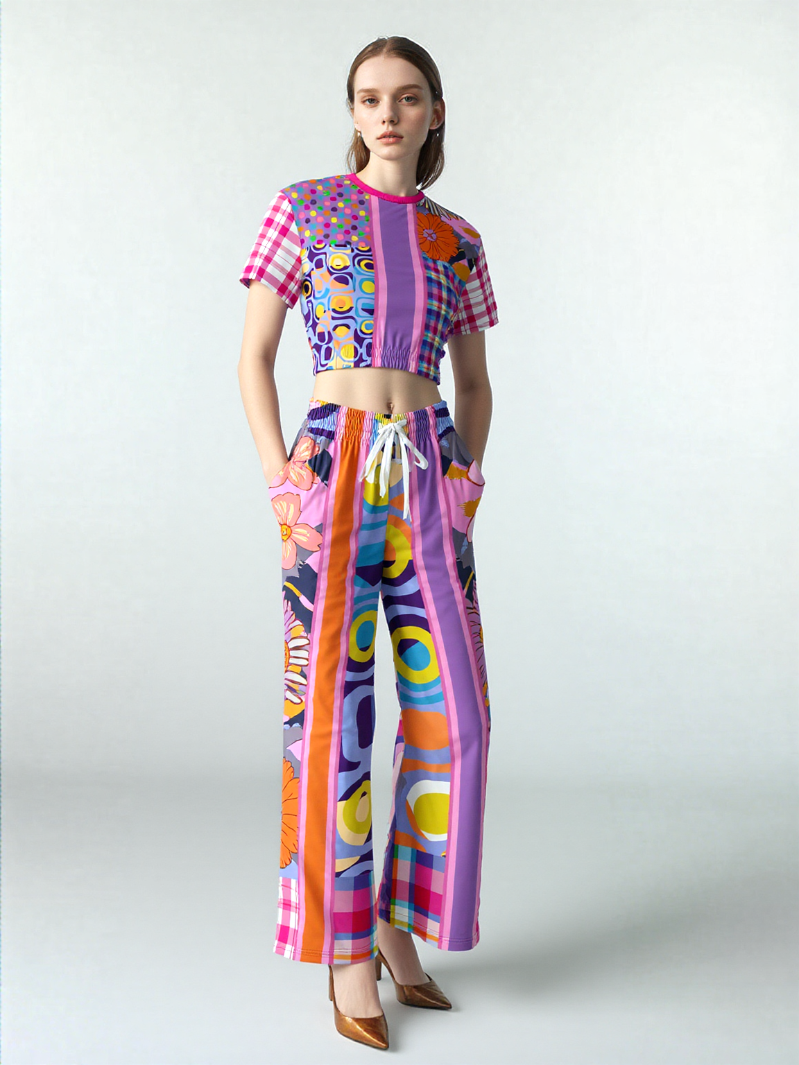 Mercury Retrograde Patchwork Print Eco-Poly Short Sleeve Cropped Pullover