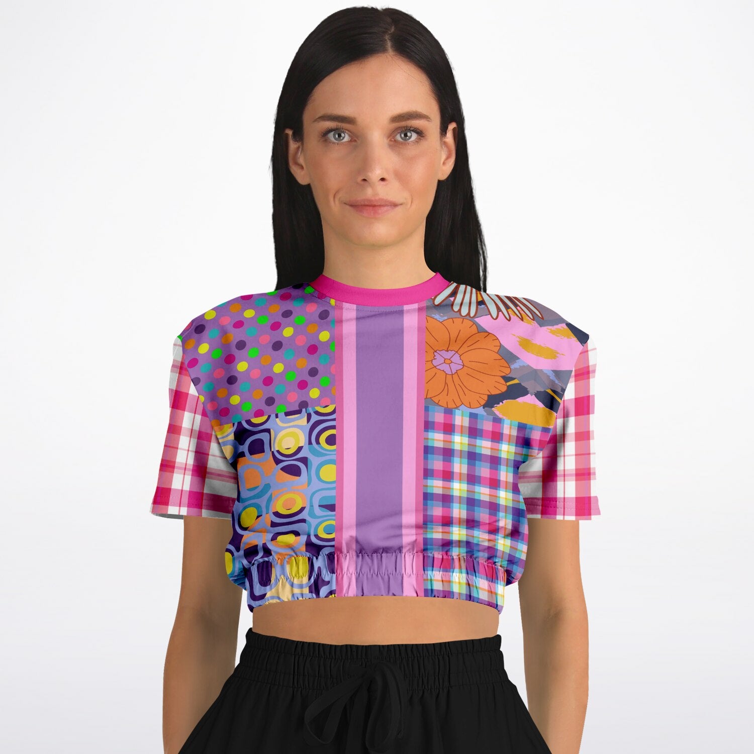 Mercury Retrograde Patchwork Print Eco-Poly Short Sleeve Cropped Pullover