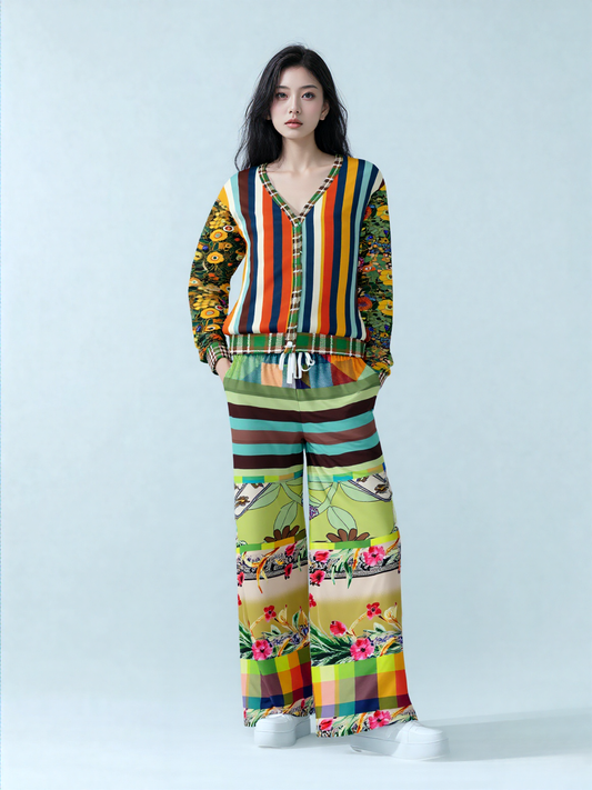 Green Soho Apple Striped Eco-Poly Wide Leg Pants