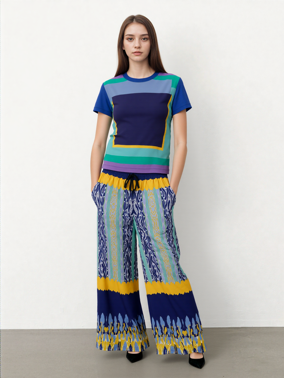 Mass Hypnosis Abstract Floral Stripe Eco-Poly Wide Leg Pants