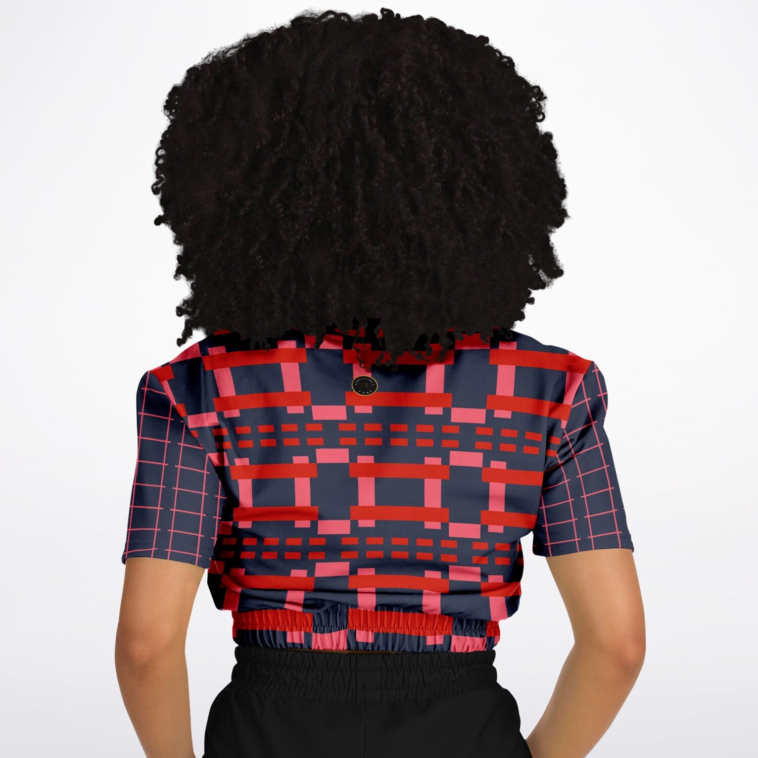 Navy and Coral Square Olympia Plaid Eco-Poly Short Sleeve Cropped Pullover
