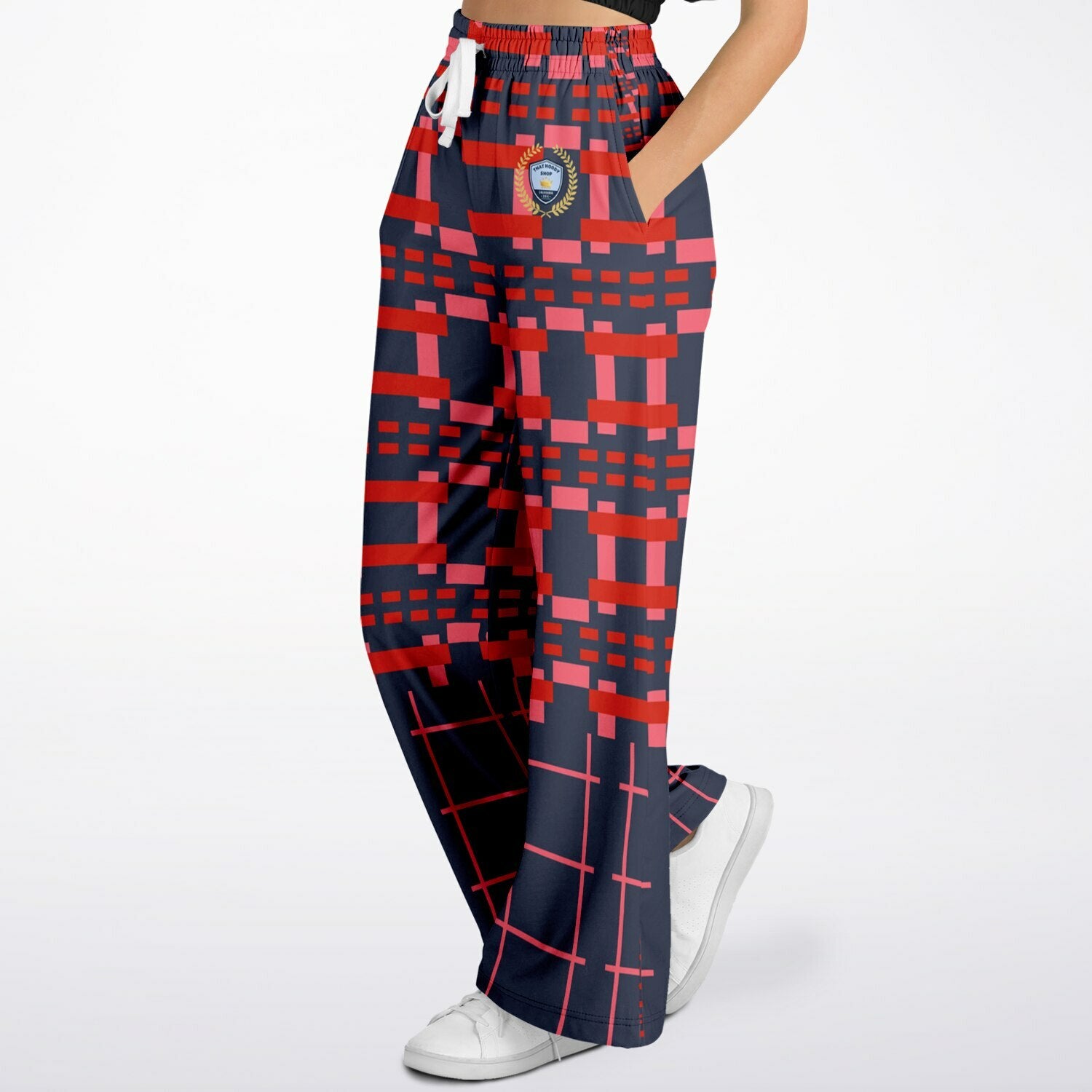 Navy and Coral Square Olympia Plaid Eco-Poly Wide Leg Pants