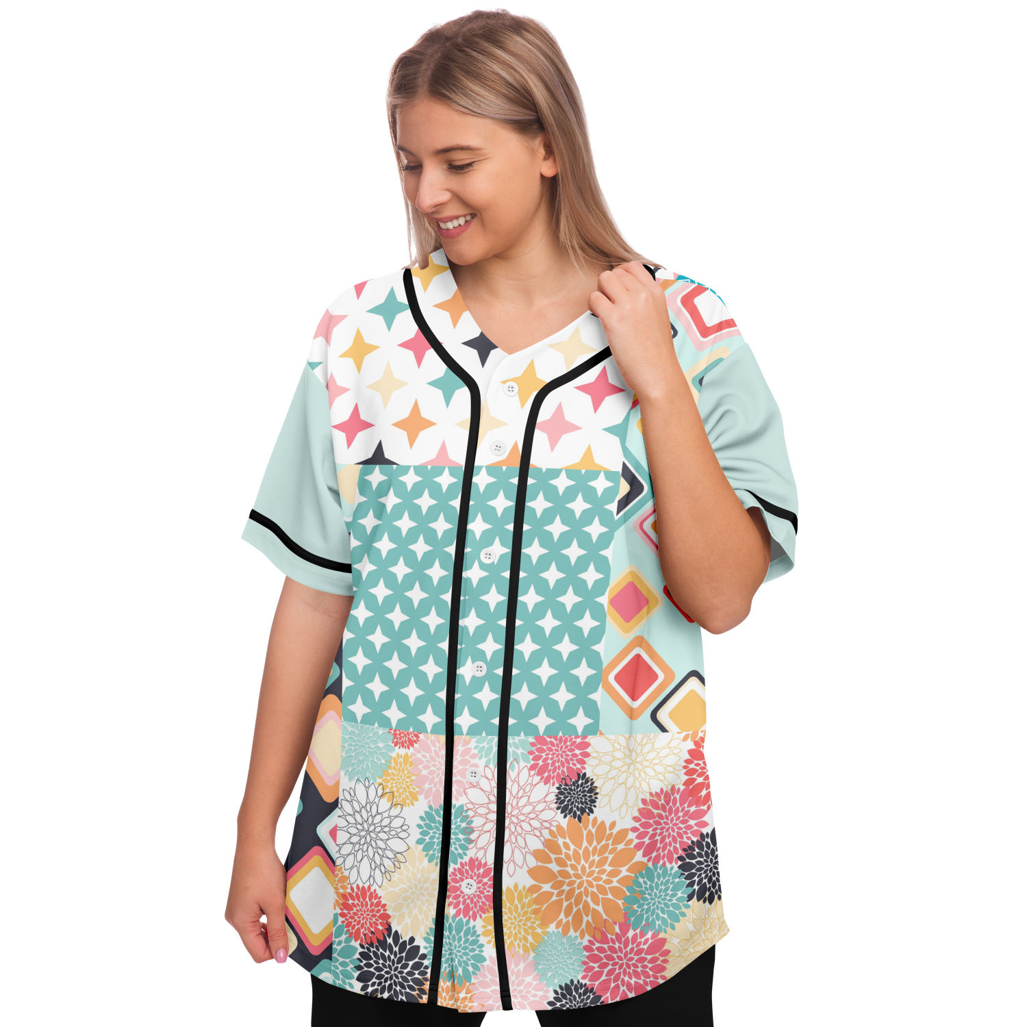 Old Miami Geo Trefoil Patchwork Eco-Poly Button Front Jersey