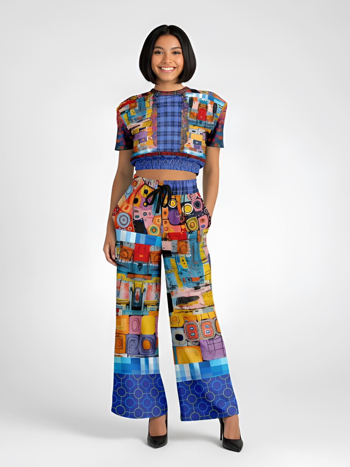 Open Window in Provence Graffiti Patchwork Eco-Poly Short Sleeve Cropped Pullover