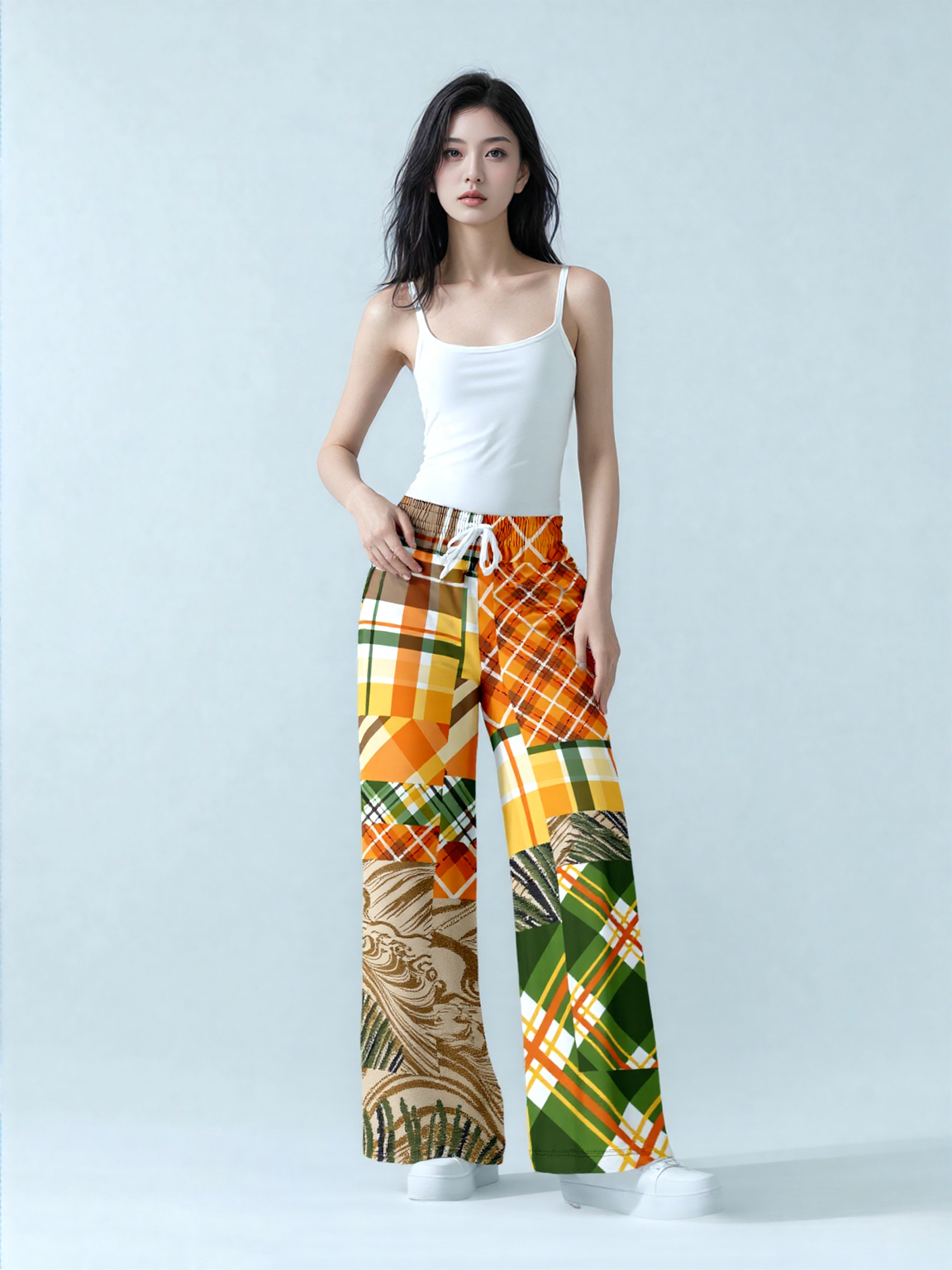 Orange Extrapolation Harvest Plaid Patchwork Eco-Poly Wide Leg Pants