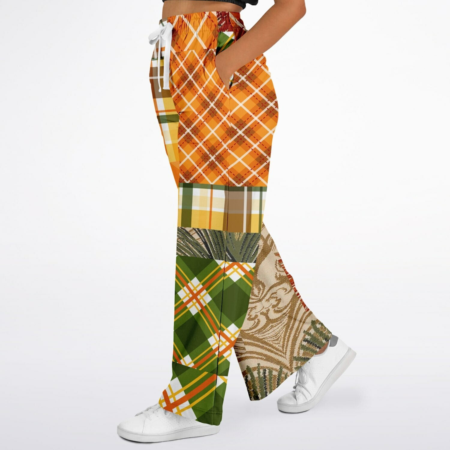 Orange Extrapolation Harvest Plaid Patchwork Eco-Poly Wide Leg Pants