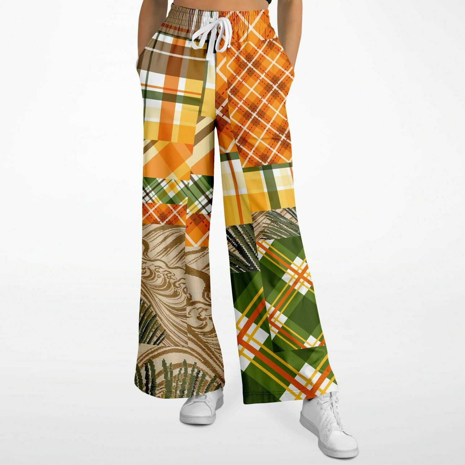 Orange Extrapolation Harvest Plaid Patchwork Eco-Poly Wide Leg Pants