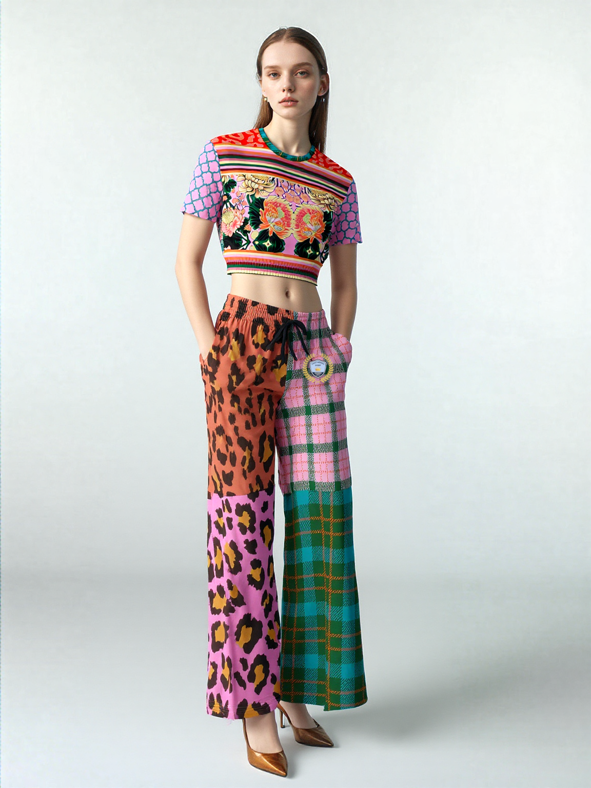 Pink Passion Haberdashery Plaid Patchwork Eco-Poly Wide Leg Pants