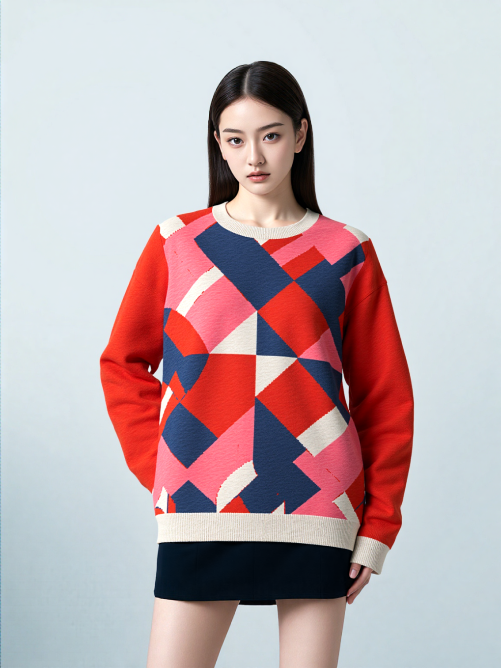 Pink Striped in Red Geo Knitted Crewneck Sweater