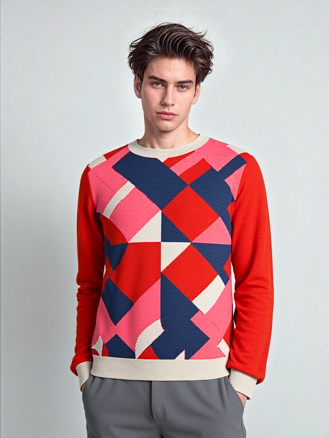 Pink Striped in Red Geo Knitted Crewneck Sweater