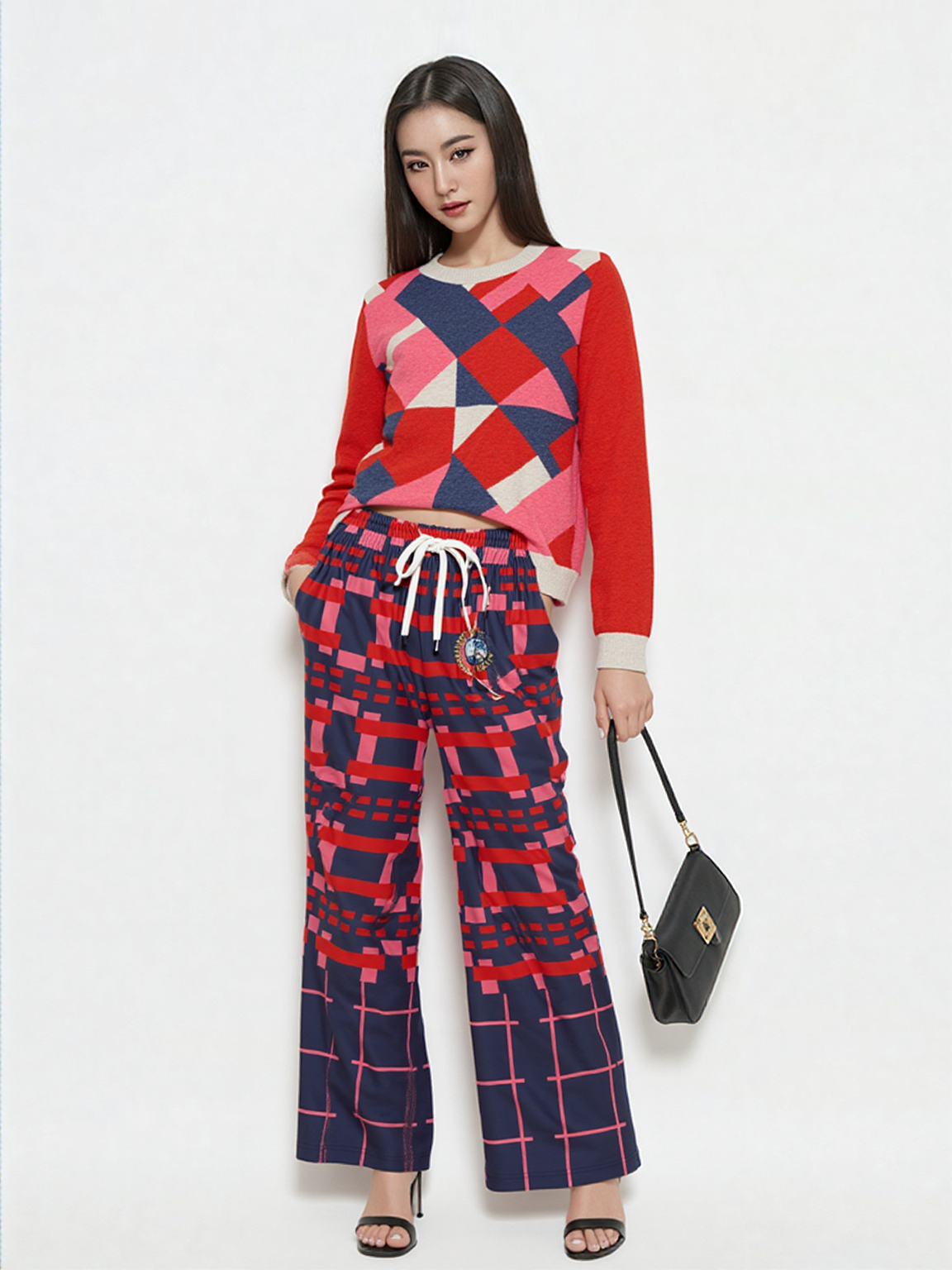 Navy and Coral Square Olympia Plaid Eco-Poly Wide Leg Pants
