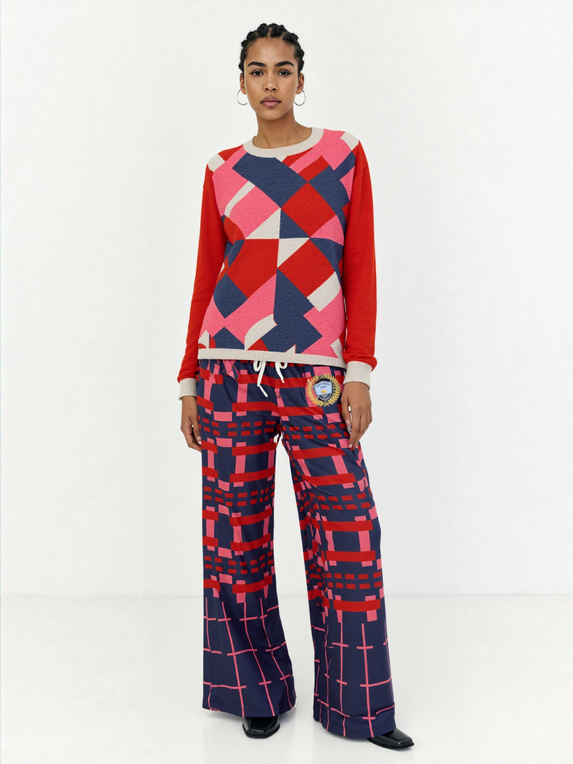 Navy and Coral Square Olympia Plaid Eco-Poly Wide Leg Pants