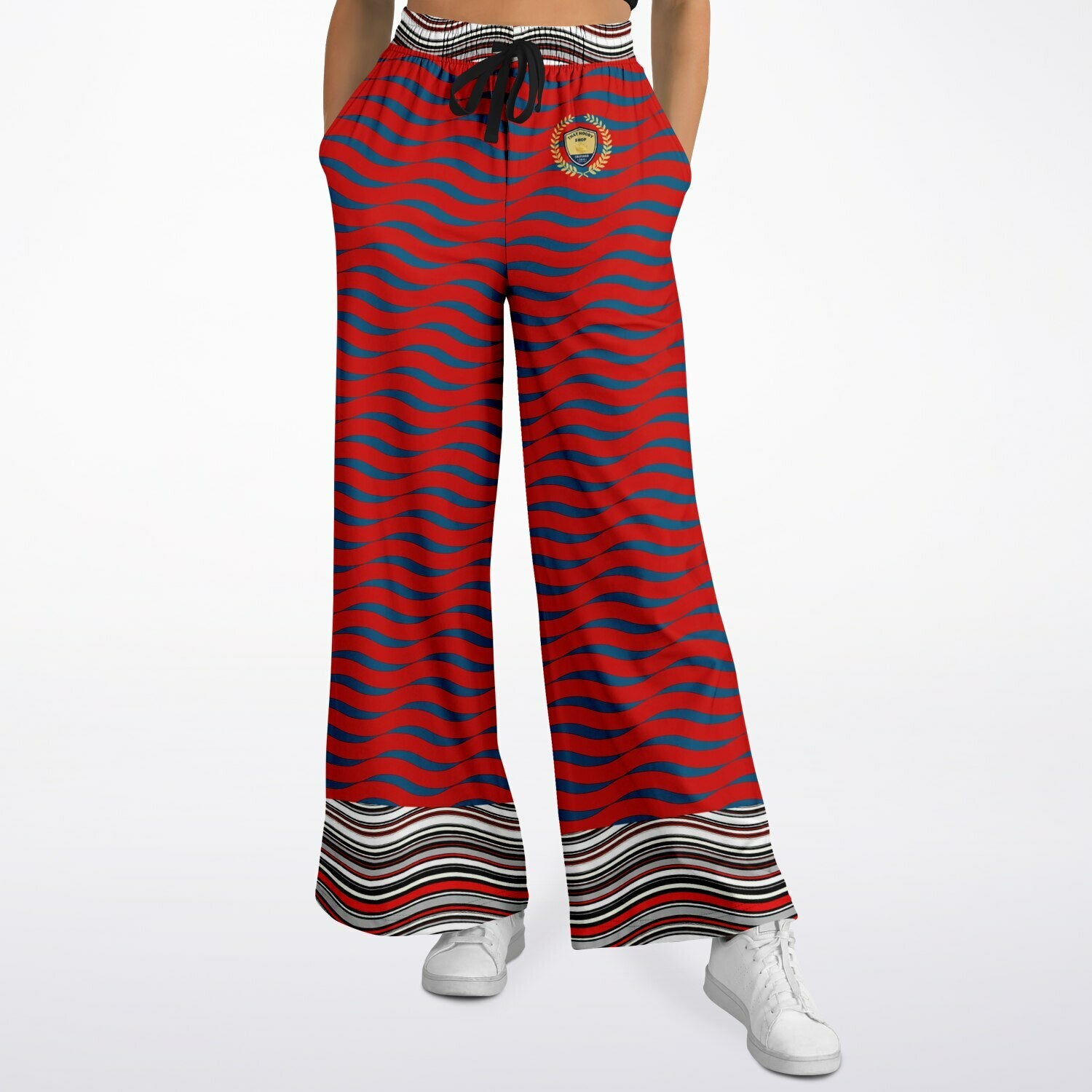 Polyamory in Red and Blue Wavy Stripes Eco-Poly Eco-Poly Wide Leg Pants