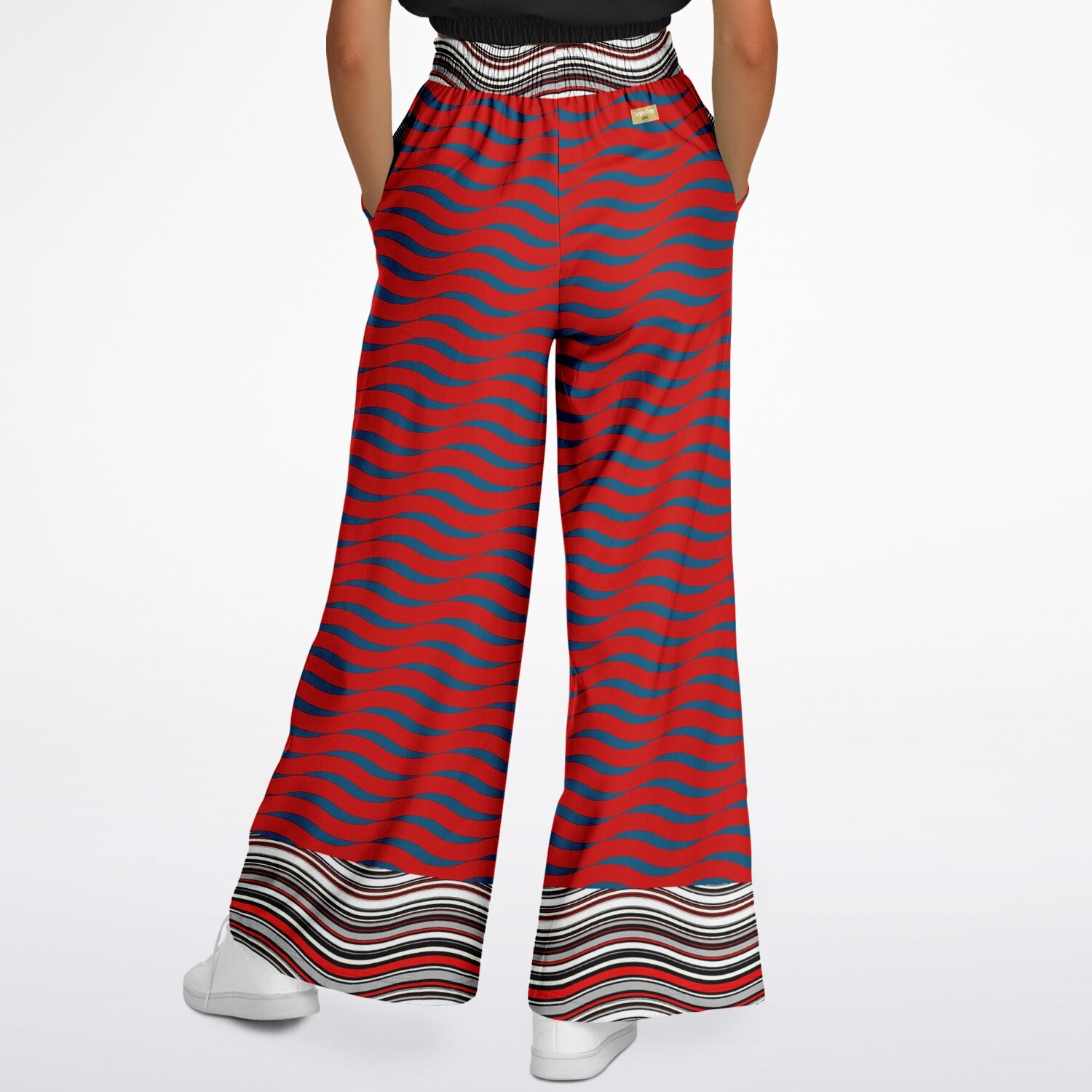 Polyamory in Red and Blue Wavy Stripes Eco-Poly Eco-Poly Wide Leg Pants