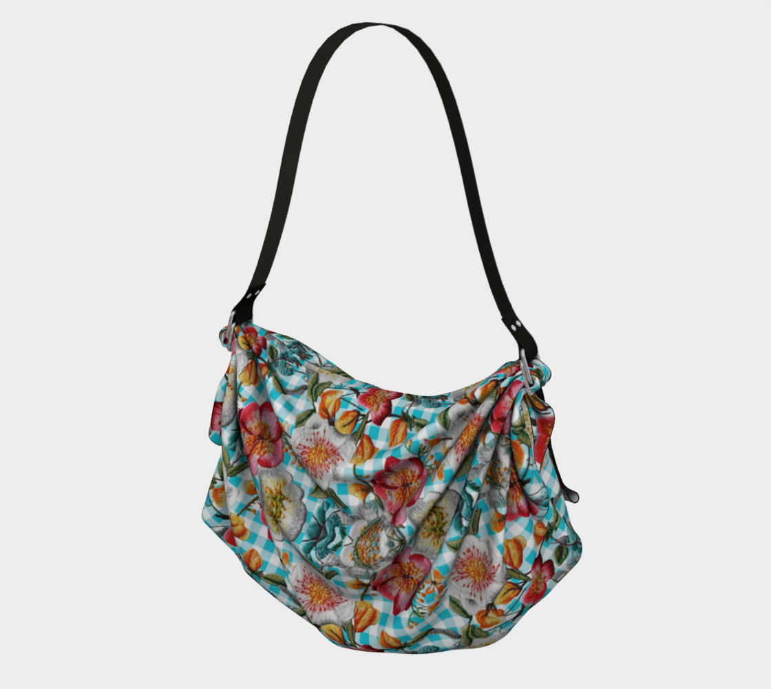Floral Party in Blue Gingham Hobo Scarf Bag