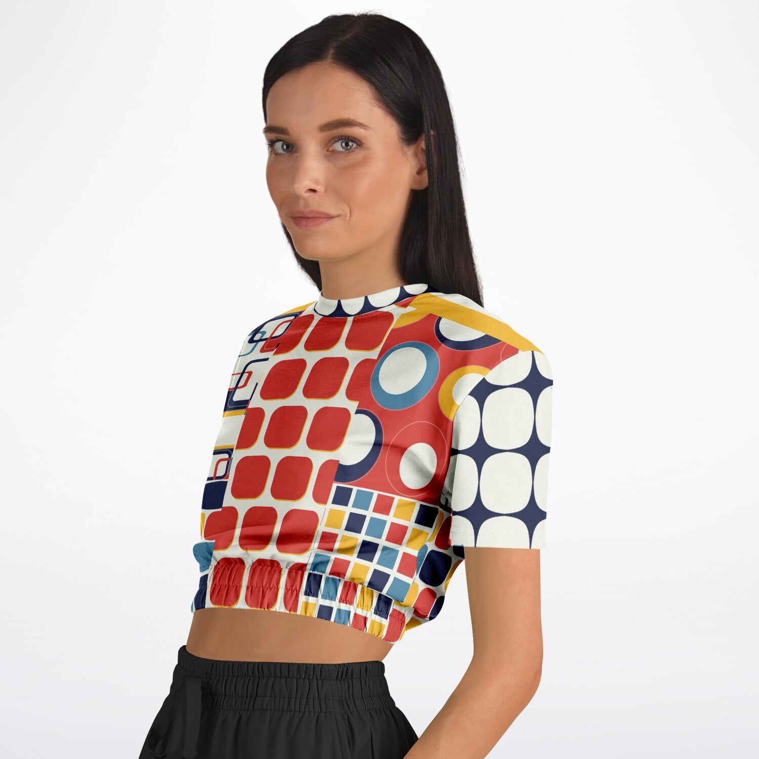 Primary Skool Geo Print Eco-Poly Short Sleeve Cropped Pullover
