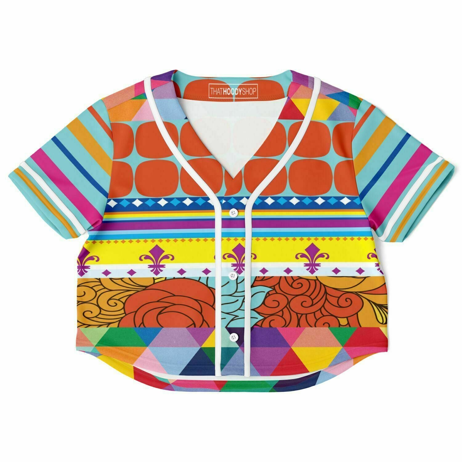Queenie Floral Stripe Hippie Eco-Poly Cropped Button Front Jersey