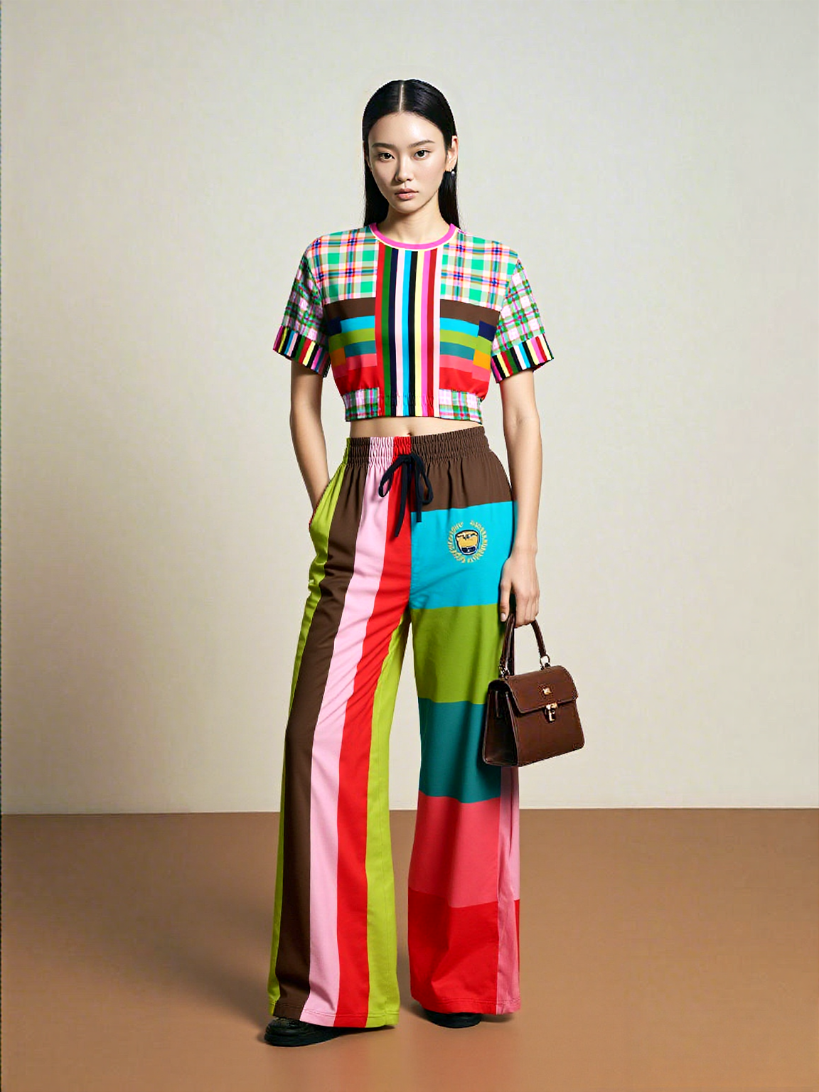 Rainbow Elephant Pink Plaid Rugby Stripe Eco-Poly Short Sleeve Cropped Pullover