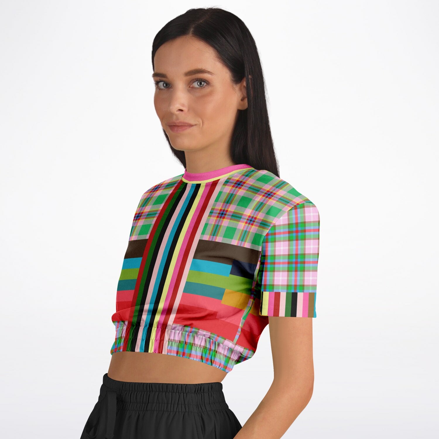 Rainbow Elephant Pink Plaid Rugby Stripe Eco-Poly Short Sleeve Cropped Pullover