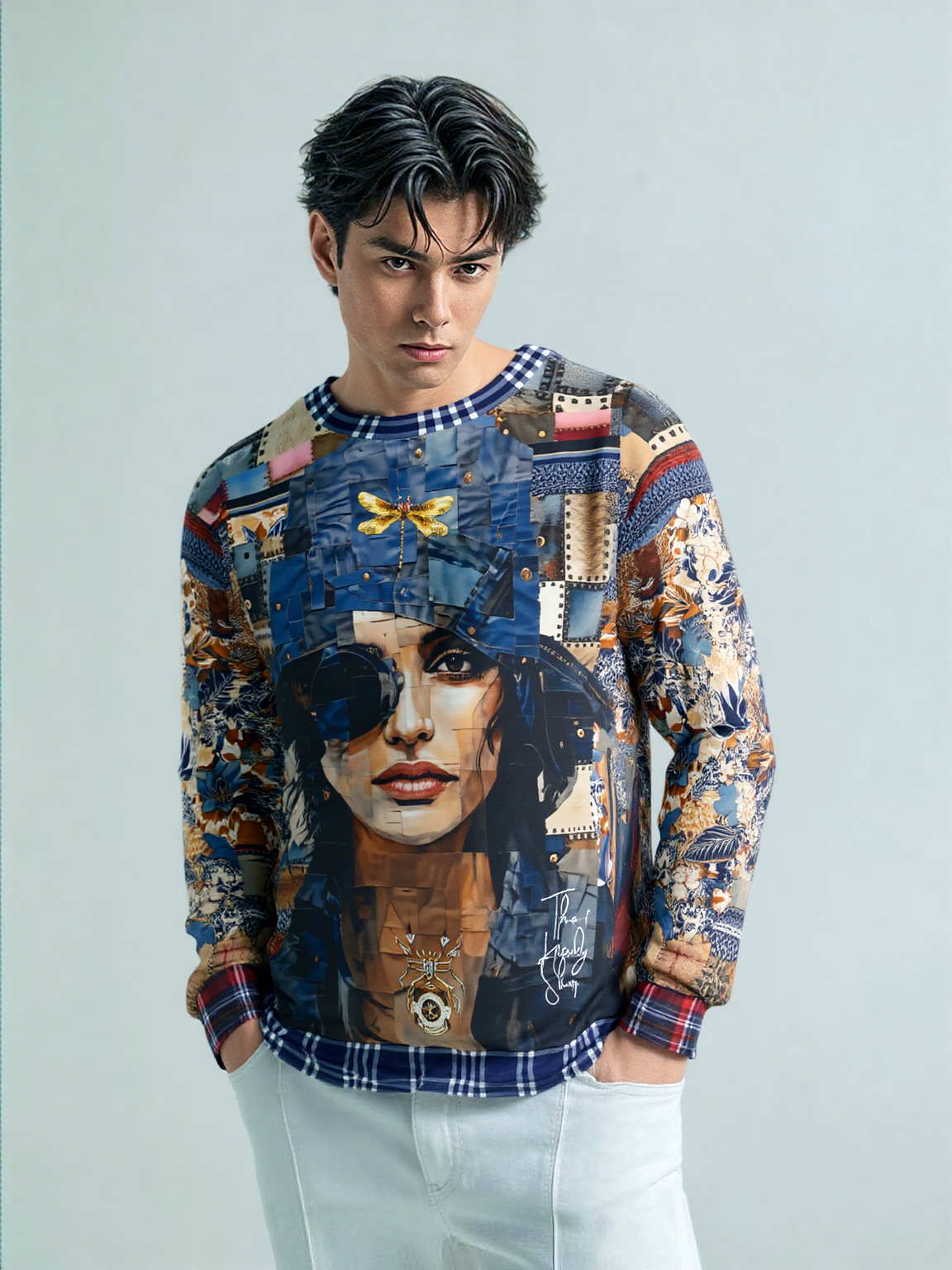 Raven Girl in Denim Chapeau Patchwork Print Unisex Sweatshirt (Gold Label)