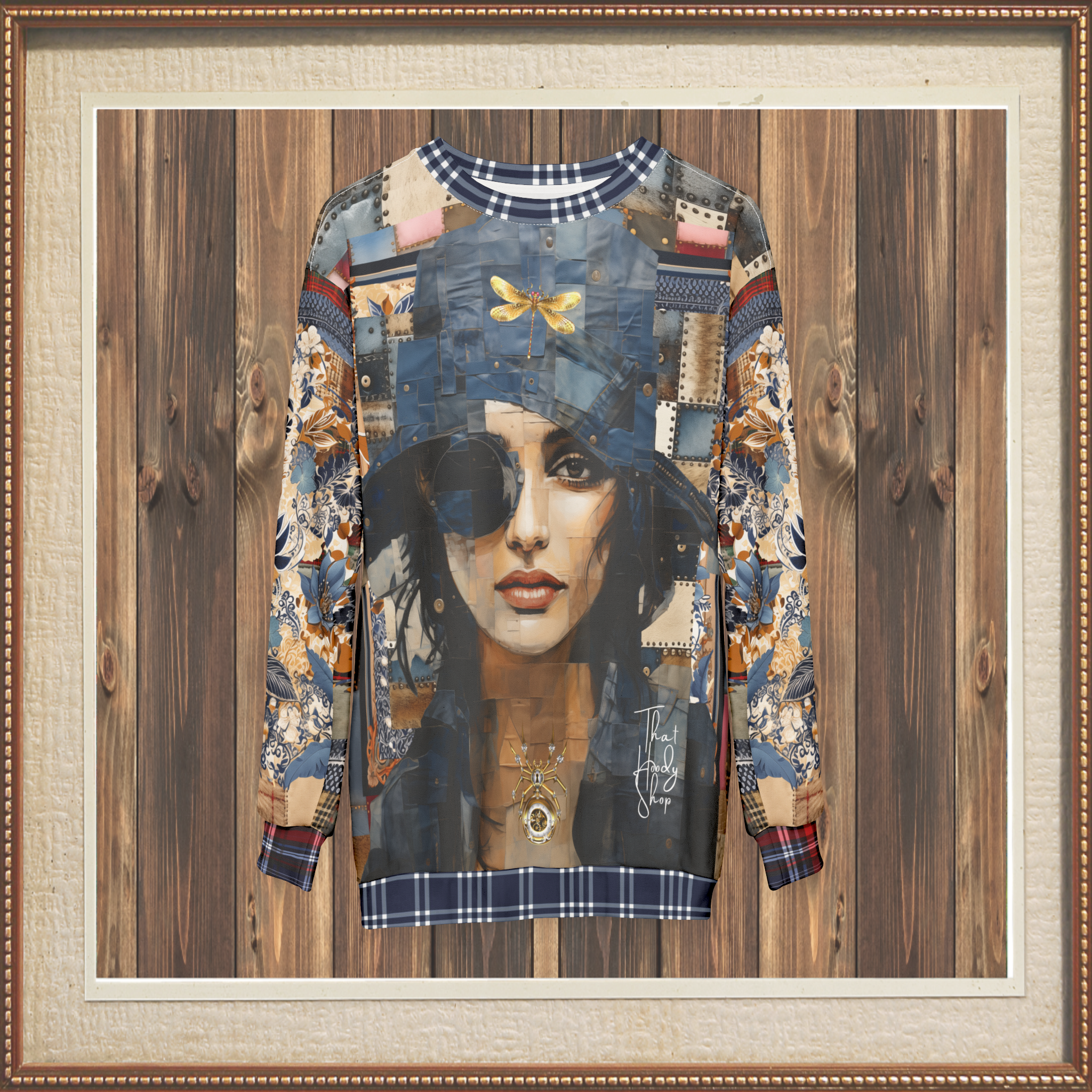 Raven Girl in Denim Chapeau Patchwork Print Unisex Sweatshirt (Gold Label)