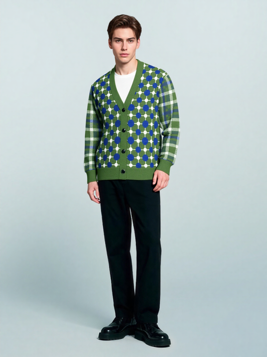 Groovy Disco Grid and Plaid in Green Knitted Cardigan
