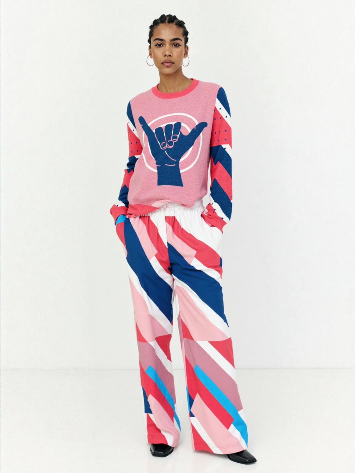Shaka Laka Geranium Pink Abstract Geo Stripe Eco-Poly Wide Leg Pants