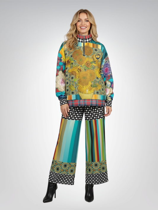 Sunflowers in My 1888 Van Gogh Stripe Eco-Poly Wide Leg Pants