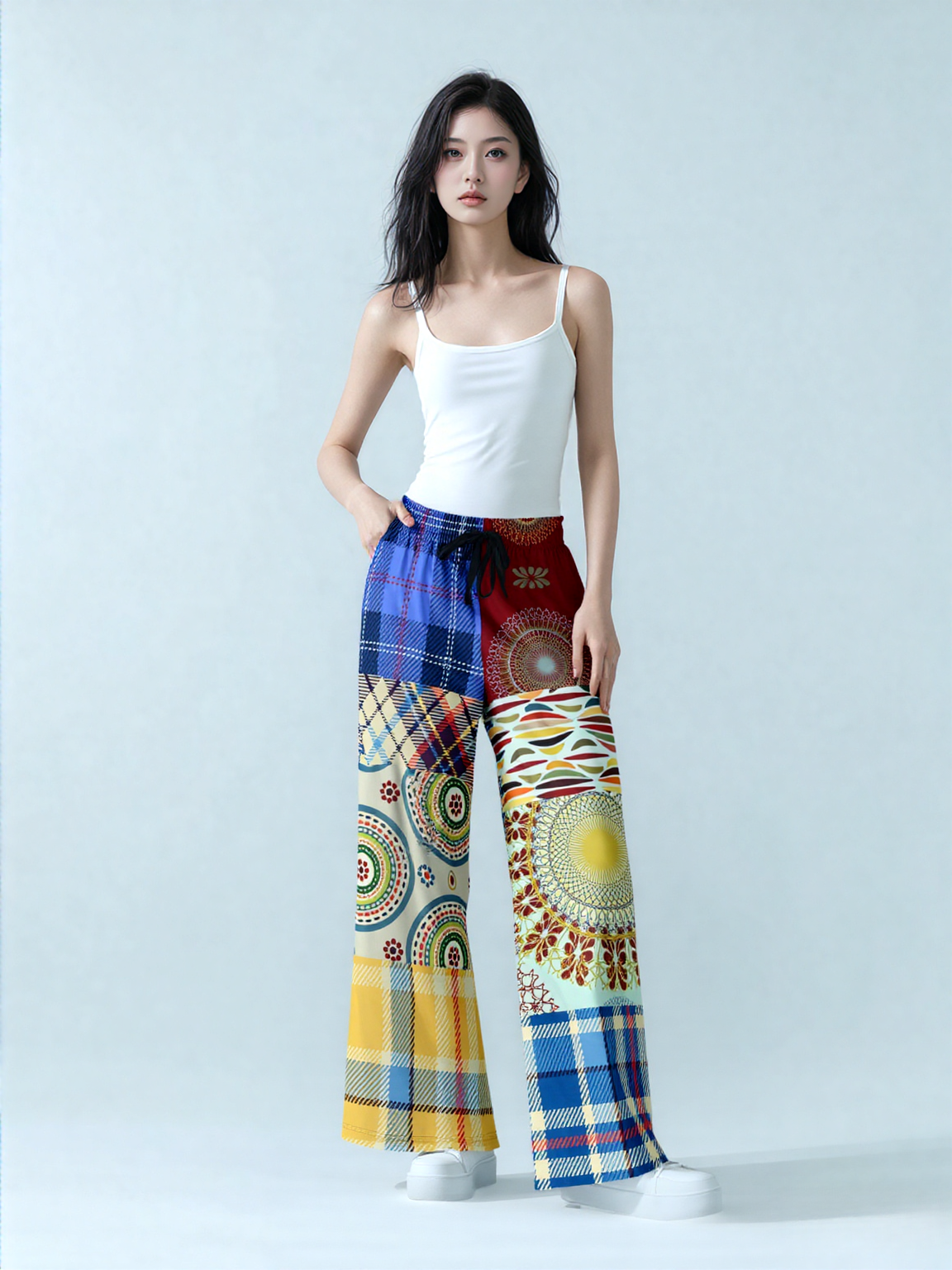 Sunny DeLite Plaid Patchwork Eco-Poly Wide Leg Pants