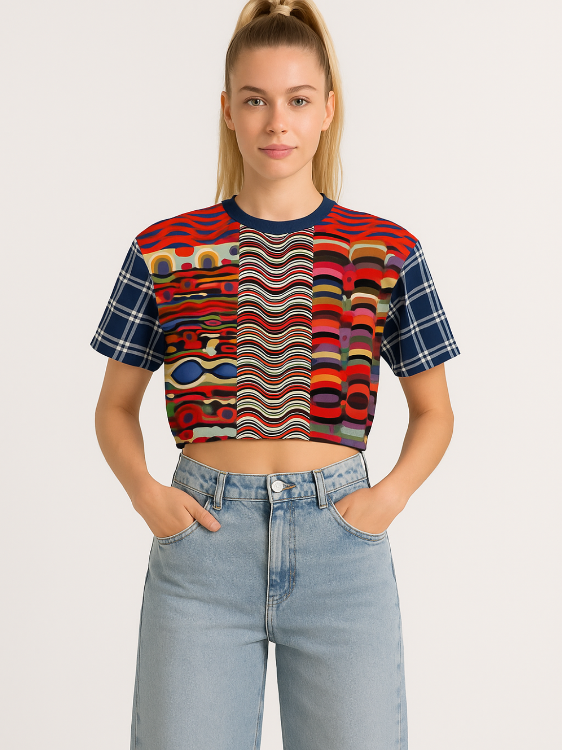 Sunset in Cassis Abstract Rainbow Stripe Eco-Poly Short Sleeve Cropped Pullover