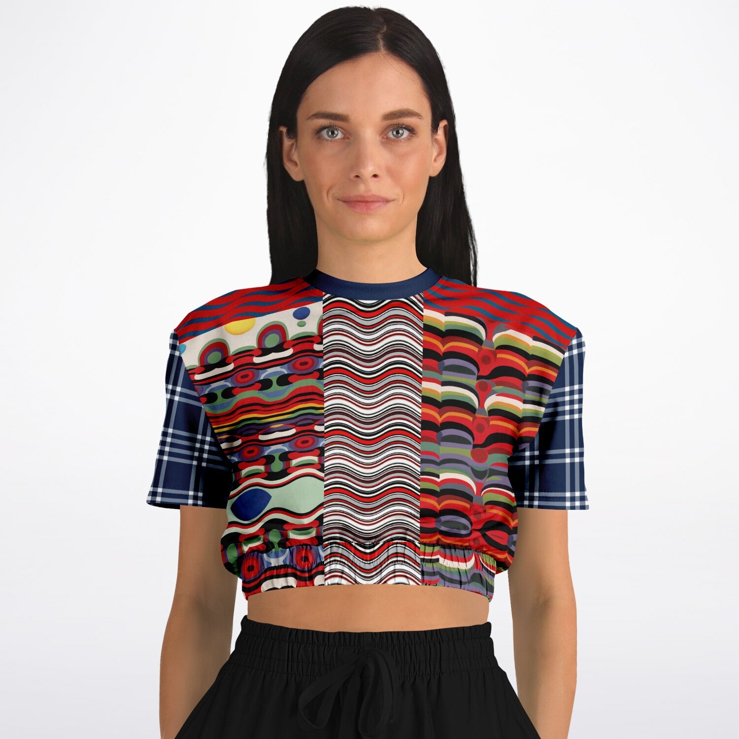 Sunset in Cassis Abstract Rainbow Stripe Eco-Poly Short Sleeve Cropped Pullover