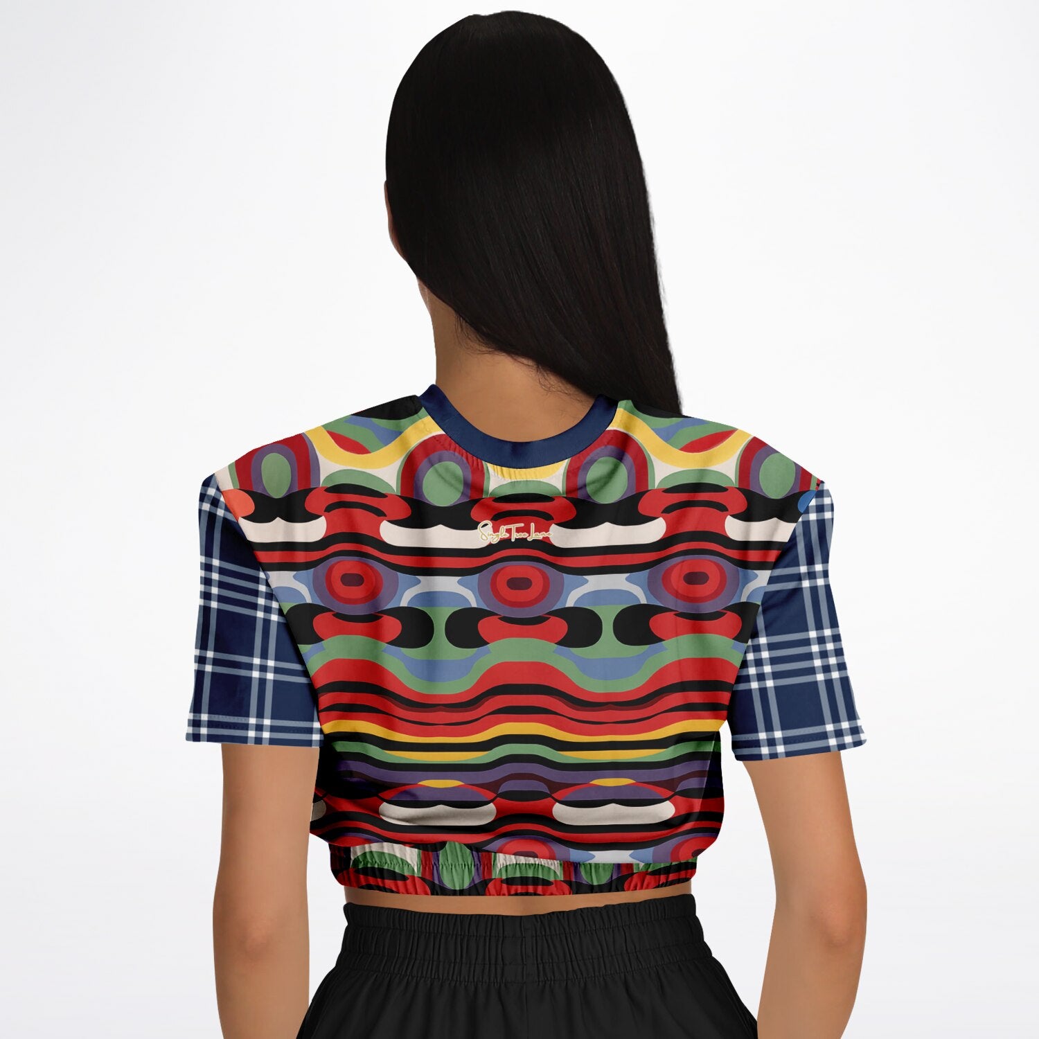 Sunset in Cassis Abstract Rainbow Stripe Eco-Poly Short Sleeve Cropped Pullover