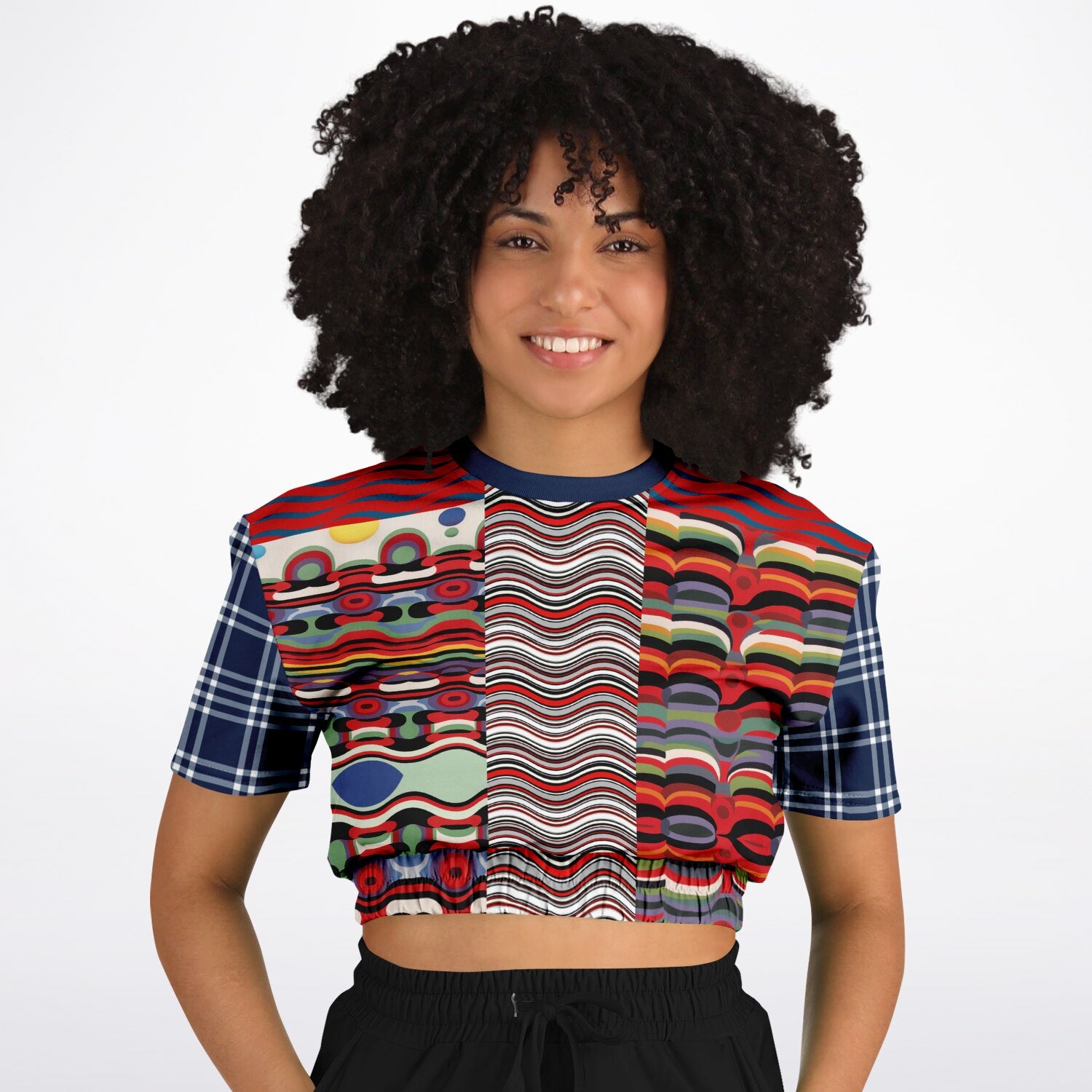Sunset in Cassis Abstract Rainbow Stripe Eco-Poly Short Sleeve Cropped Pullover