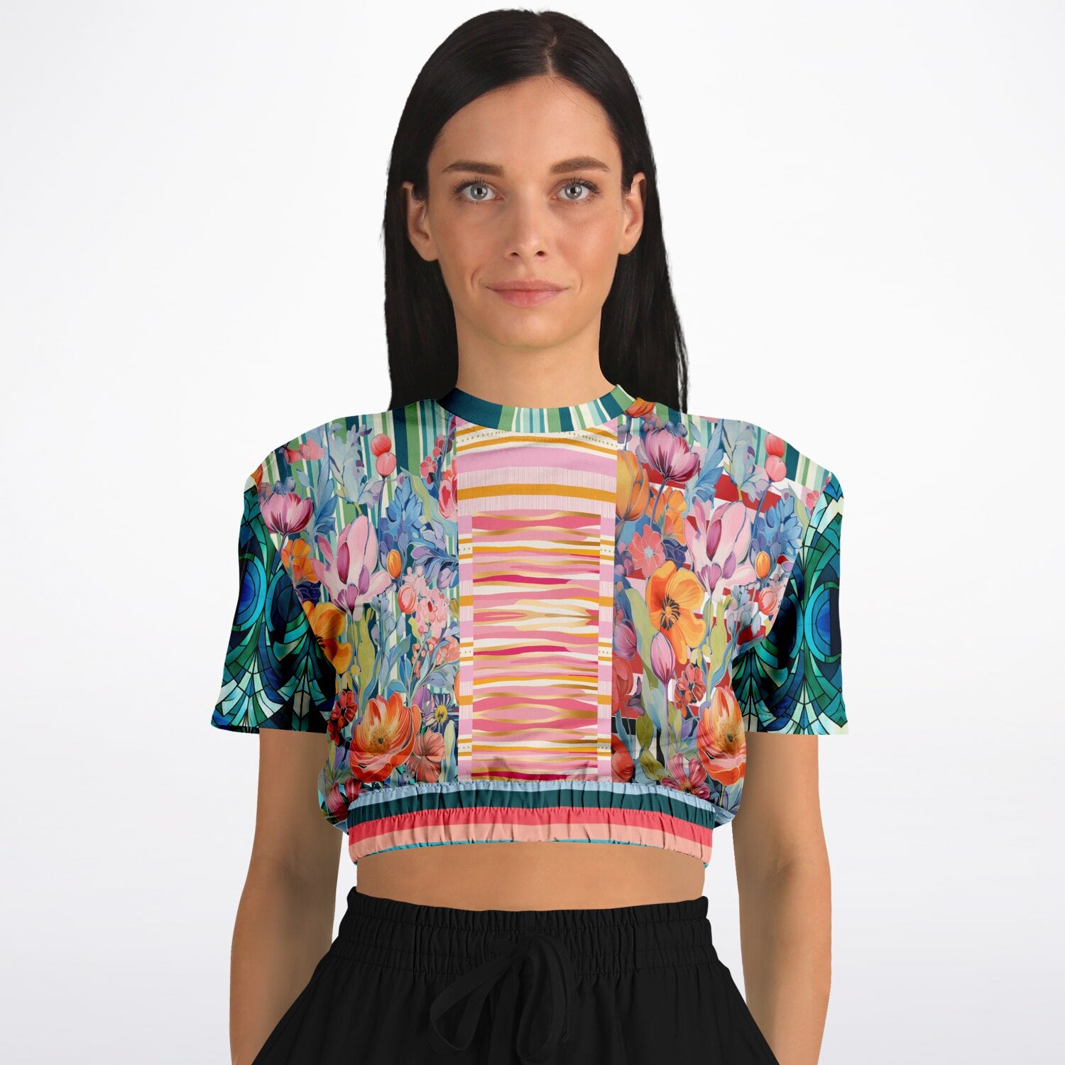 Swan in Floral Isolation Stripe Eco-Poly Short Sleeve Cropped Pullover