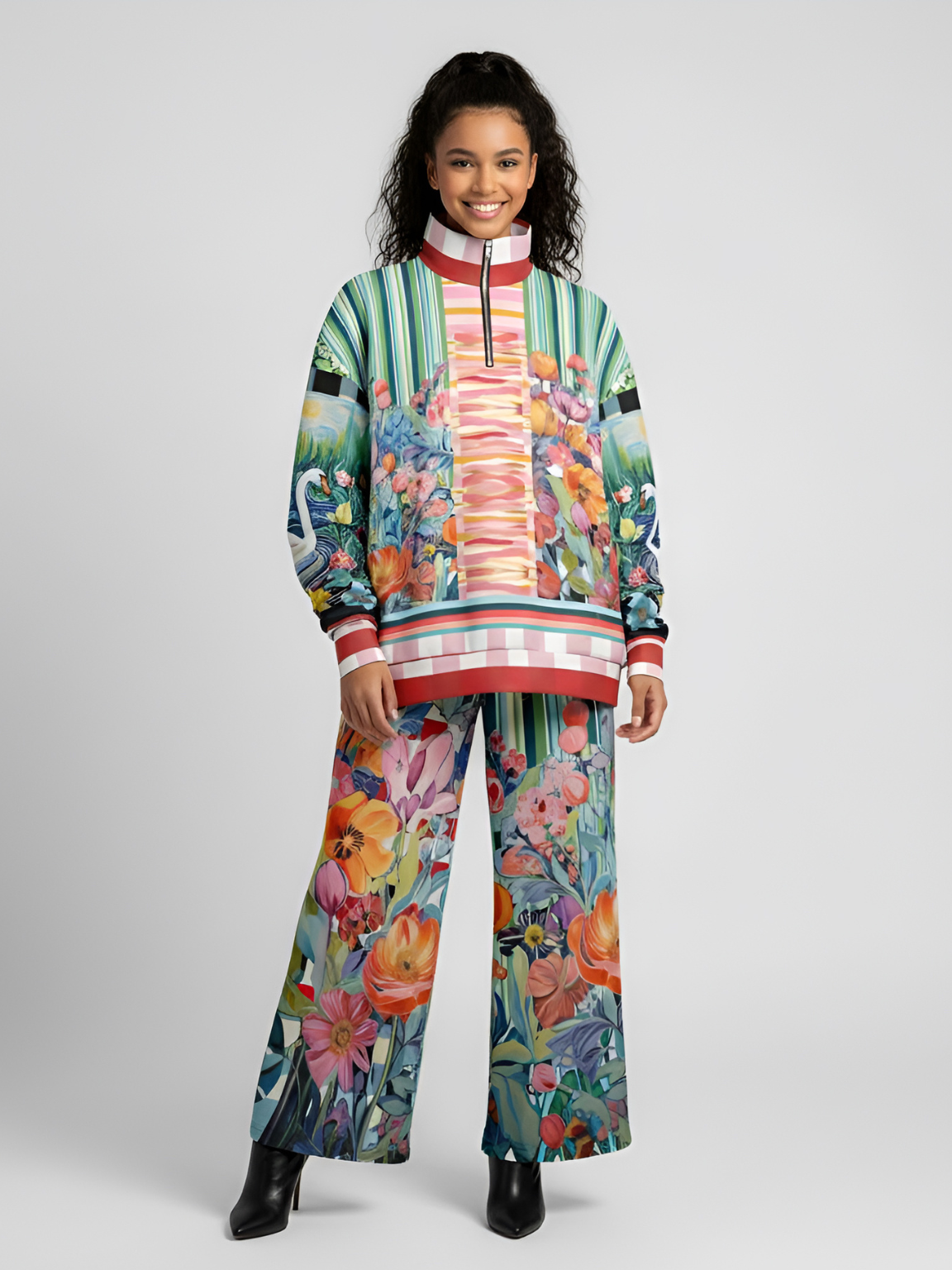 Swan in Floral Isolation Striped Heavyweight Oversized Quarter Zip Sweatshirt