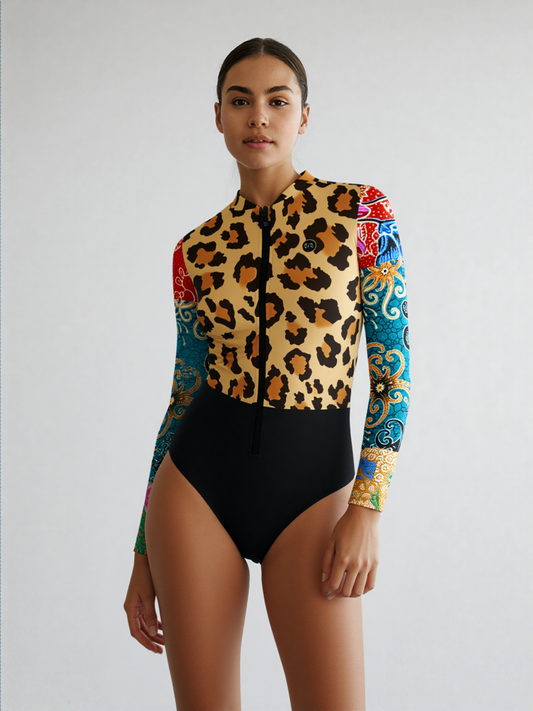 Sweet Clementine Leopard Batik Patchwork Long Sleeve Bodysuit