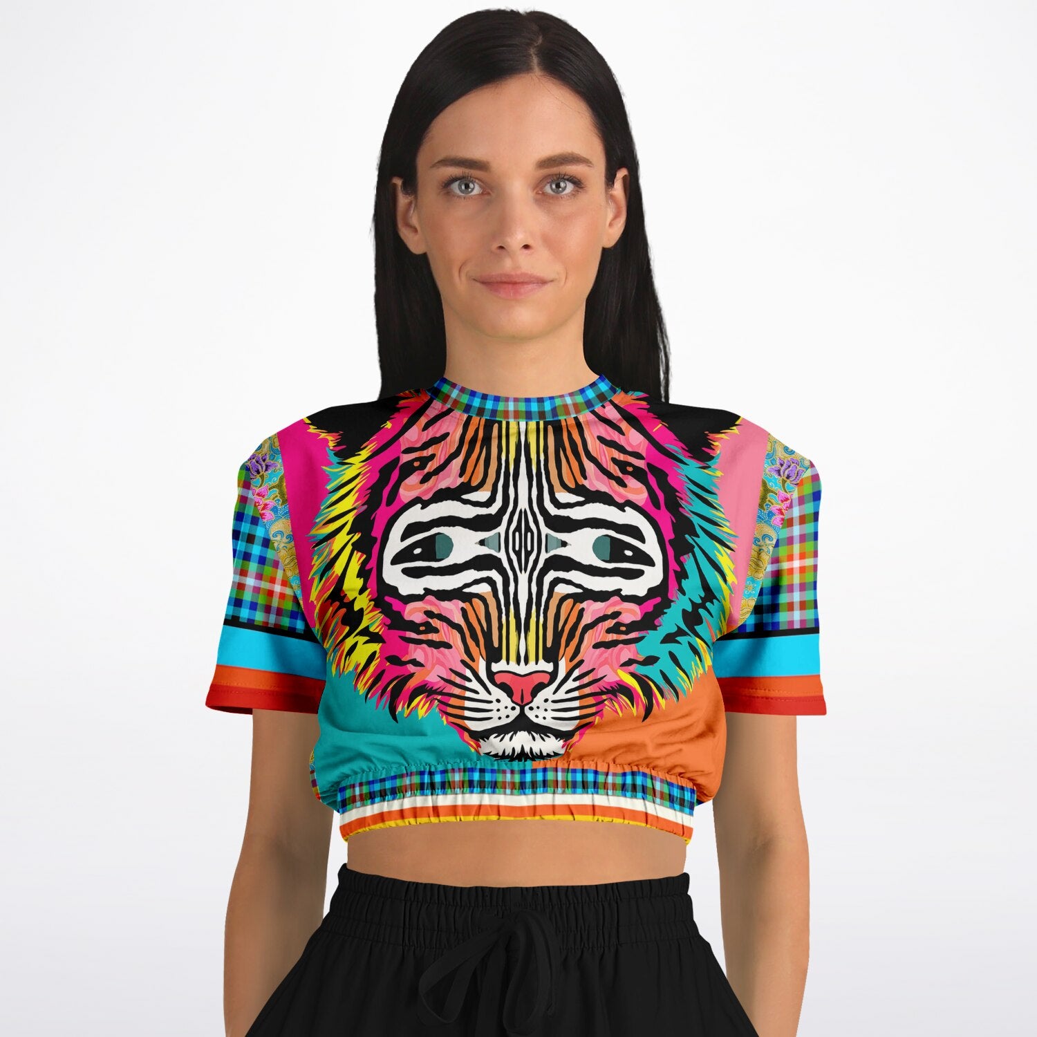 Tiger in Colorful Carnivale Eco-Poly Short Sleeve Cropped Pullover