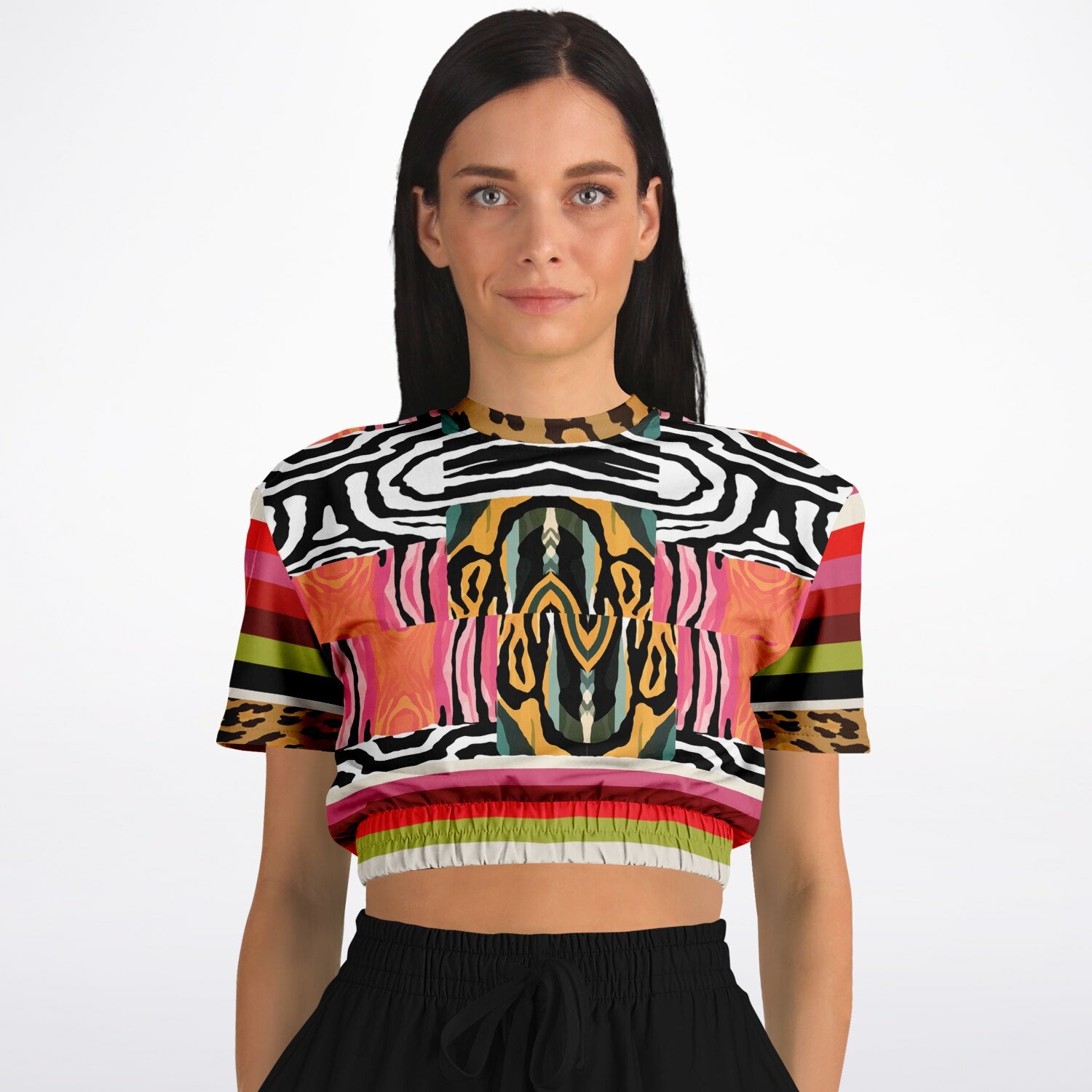 Walk on the Wild Side Abstract Zebra Print Eco-Poly Short Sleeve Cropped Pullover