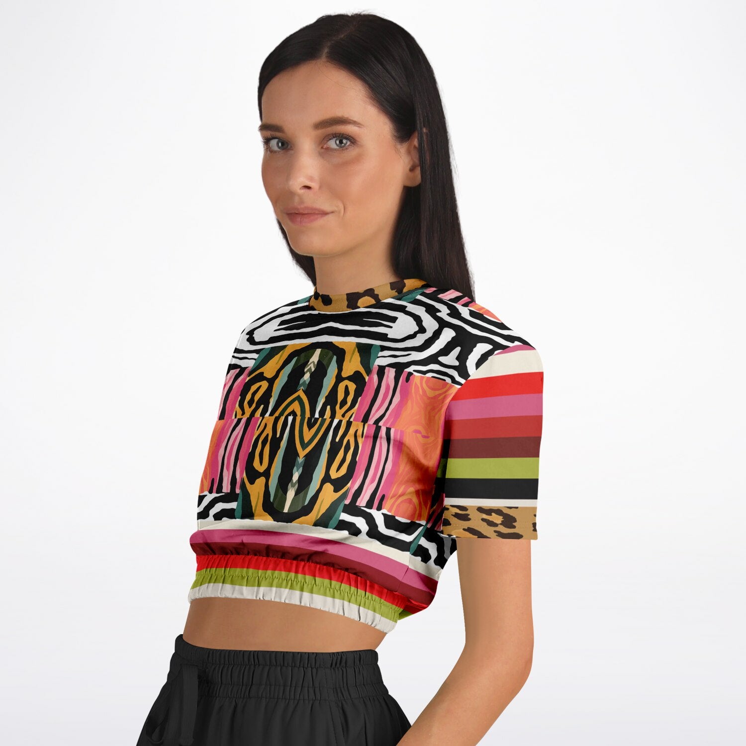 Walk on the Wild Side Abstract Zebra Print Eco-Poly Short Sleeve Cropped Pullover
