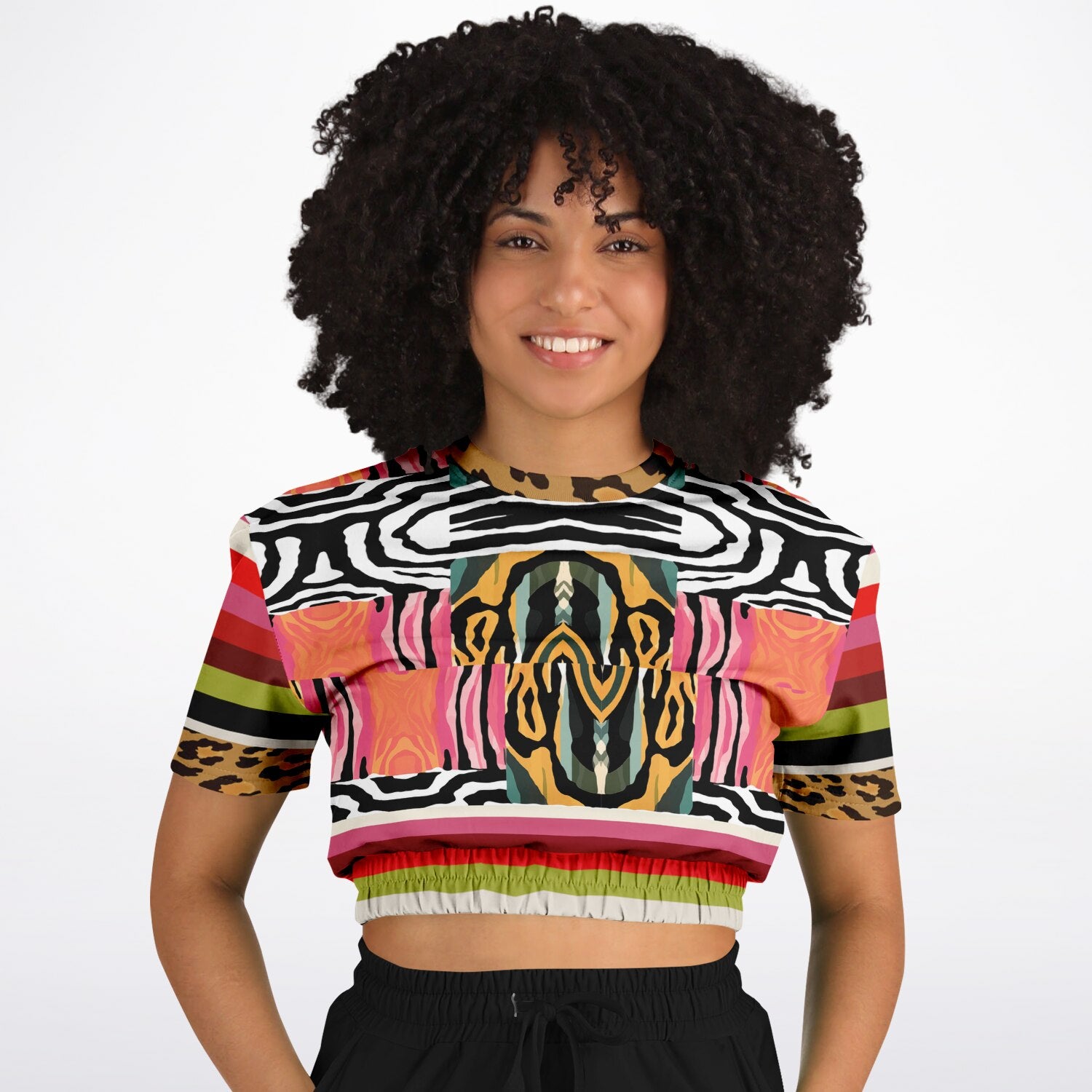 Walk on the Wild Side Abstract Zebra Print Eco-Poly Short Sleeve Cropped Pullover