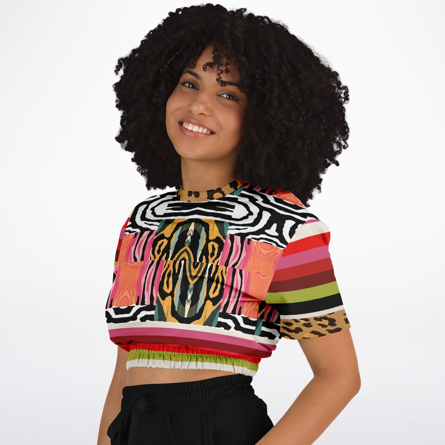 Walk on the Wild Side Abstract Zebra Print Eco-Poly Short Sleeve Cropped Pullover