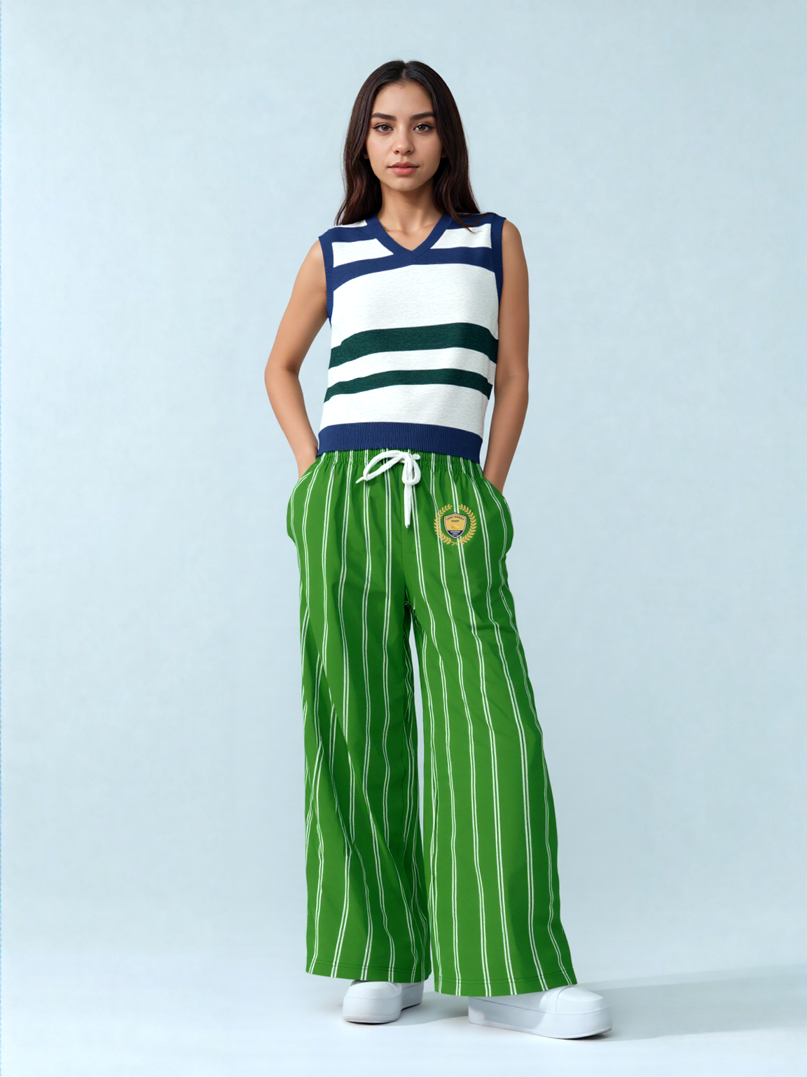 Wimbledon Blue and Green Knitted Cotton V-neck Sweater Vest